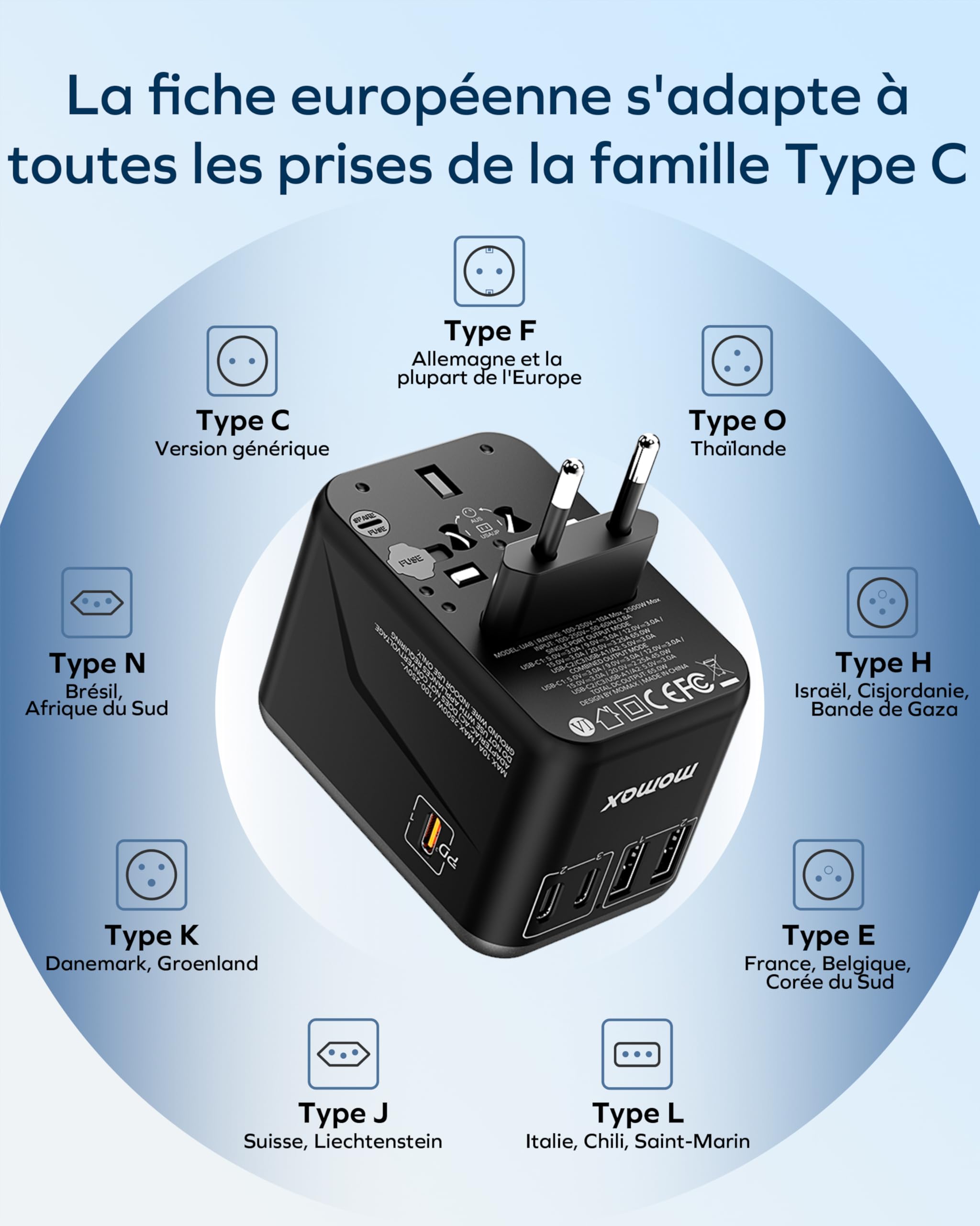 MOMAX Adaptateur Prise Universelle, Adaptateur Voyage avec GaN 70 W 3 USB C et 2 USB A, Adaptateur Universel de Voyage France vers Anglaise UK Irlande USA Canada Australie Chine Japon Thaïlande