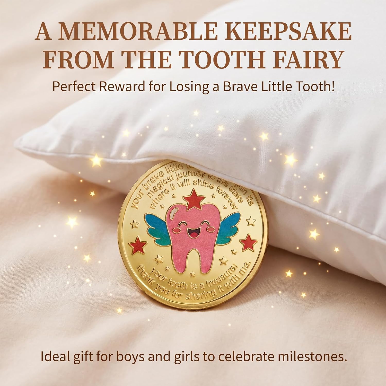 VELNO Tooth Fairy Gold Coin, Commemorative Keepsake with Case | Solid Die-Cast Iron, Premium Gold Plated, 3D Embossed Tooth Fairy, Reeded Edge, Milestone Token with Acrylic Capsule.