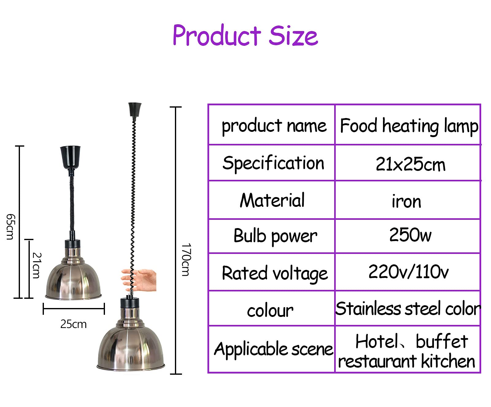 250w Lampara Calentamiento Para Buffet, Lámpara de Calor de Alimentos para Restaurantes Cocinas, Lámparas de Techo Colgantes para Mantener la Comida Caliente, Altura Regulable Entre 65 y 170cm