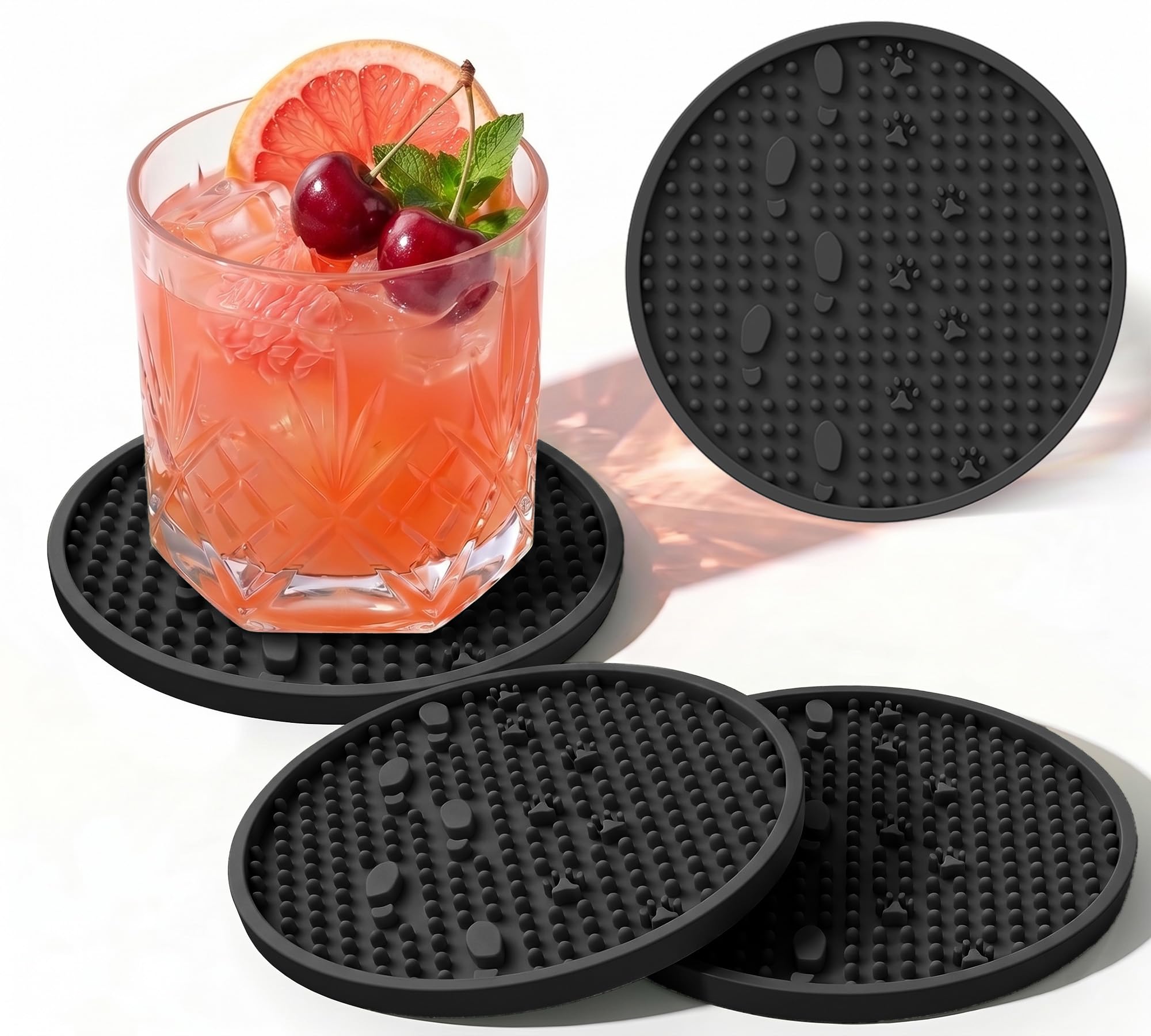 Wingcases Coasters for Drinks(4 Pack, Black) Cute Aesthetic Pet Paw Design Silicone Cup Mat for Tabletop Protection Non-Slip, Non-Stick, Coffee Table Decor, Great Gift Cat Dog for Any Occasion
