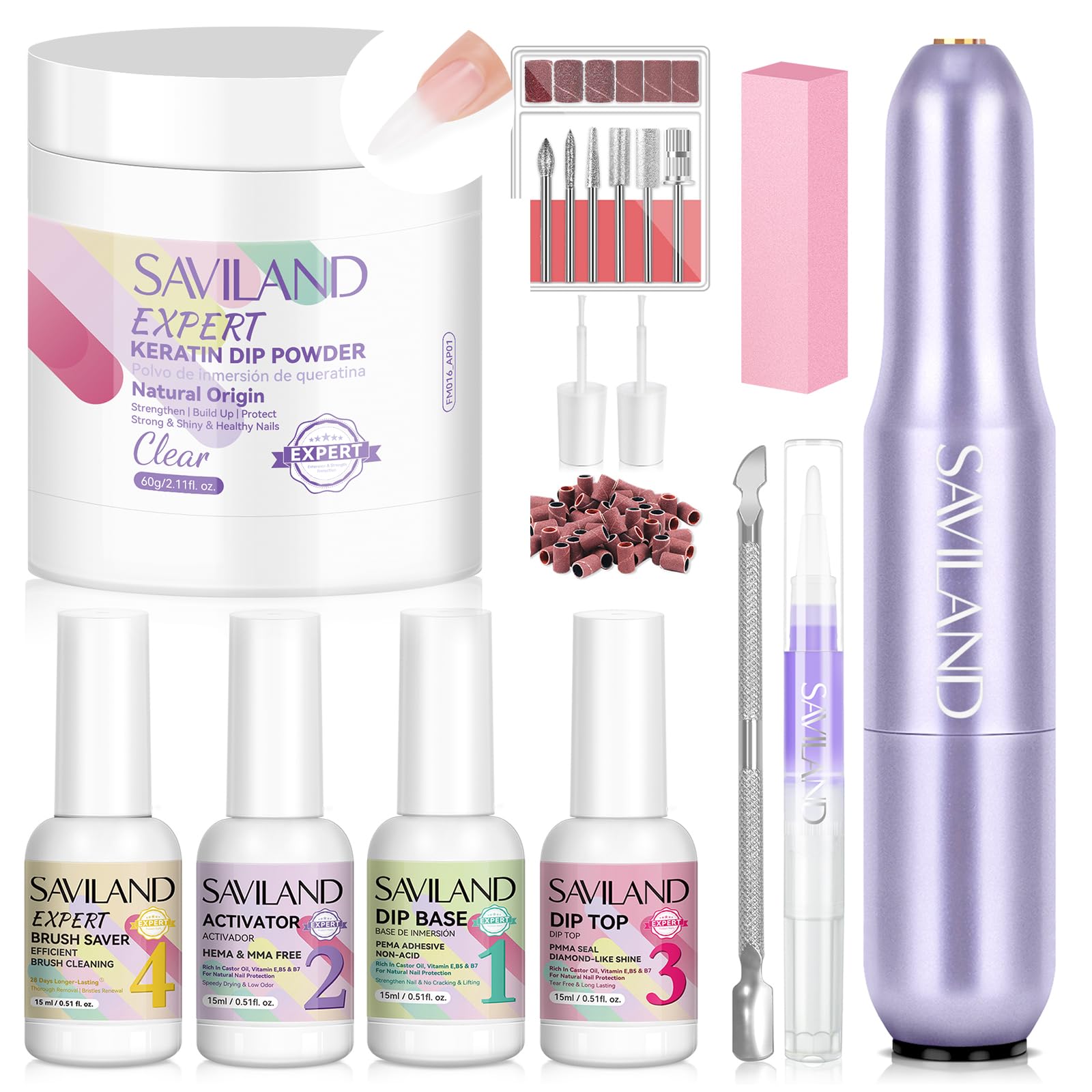 SAVILAND Clear Dip Powder Nail Kit with Electric Nail Drill: 60g/2.1oz Clear Dipping Powder for Nails with Dip Nail Liquid Set Base Activator and Top