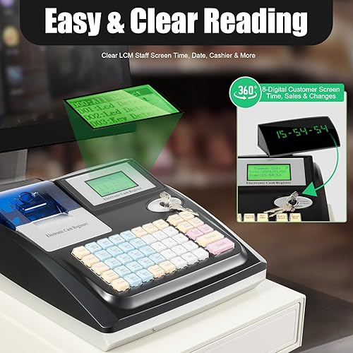 Miniatura 8 de Caja registradora electrónica, caja registradora de sistema POS con 48 llaves, bandeja de efectivo extraíble e impresora térmica, caja registradora