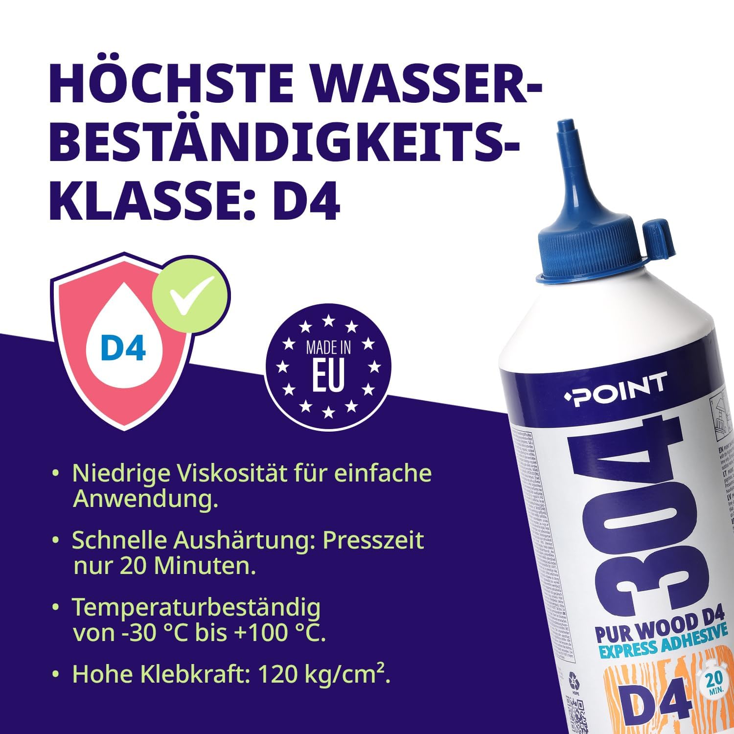 Point Pegamento para madera D4 304 extra fuerte e impermeable – Adhesivo para madera a base de poliuretano para todo tipo de madera – cola de poliuretano para interior y exterior, 750 g