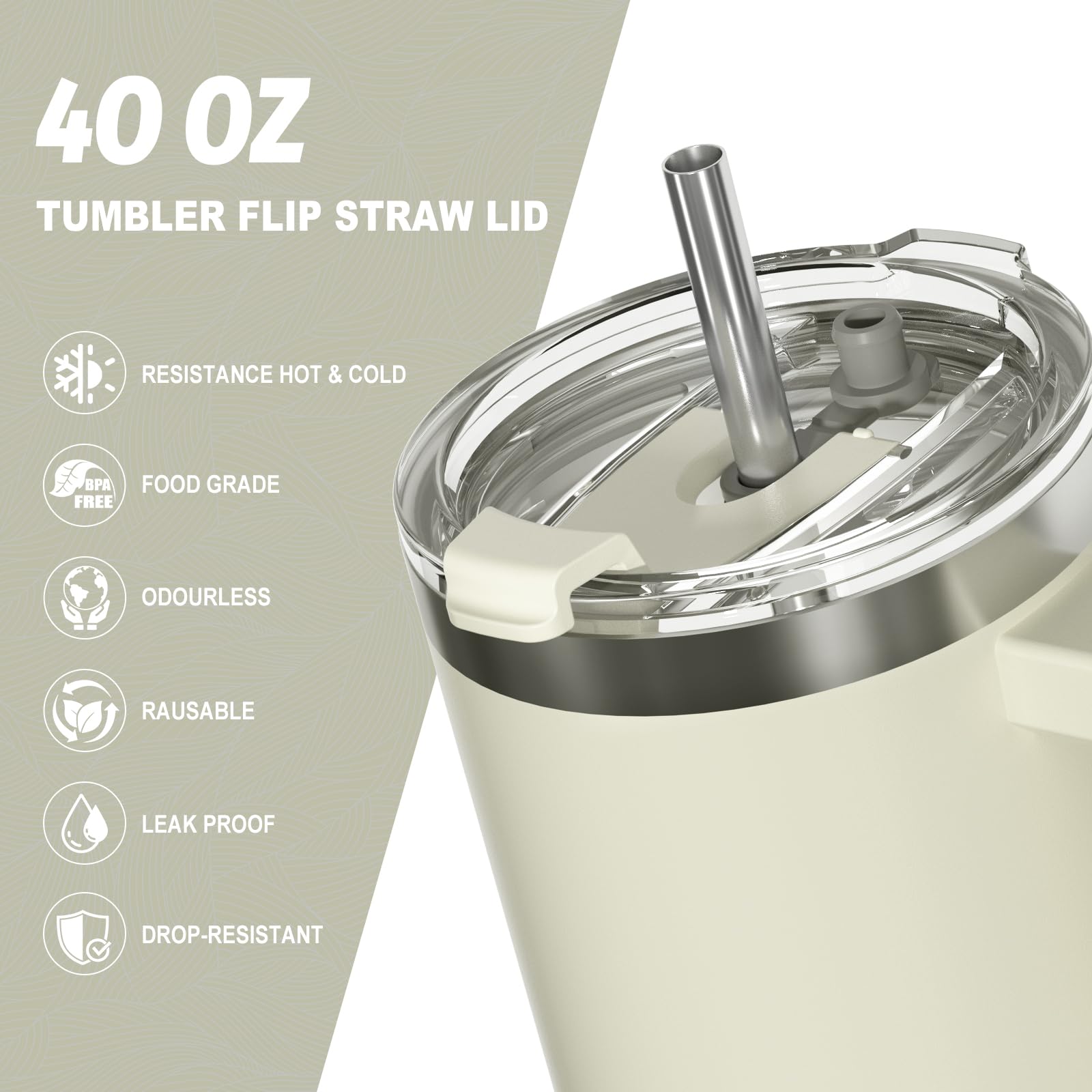 WATERSY 1182 ml Thermosbeker met Handvat en Rietje | Geïsoleerde Reisbeker 40oz Lekdicht | Vacuum Isolatie voor 6u Warme & 12u Koude | Roestvrijstalen Drinkbeker voor Auto, Sportschool,Zwart Glanzend