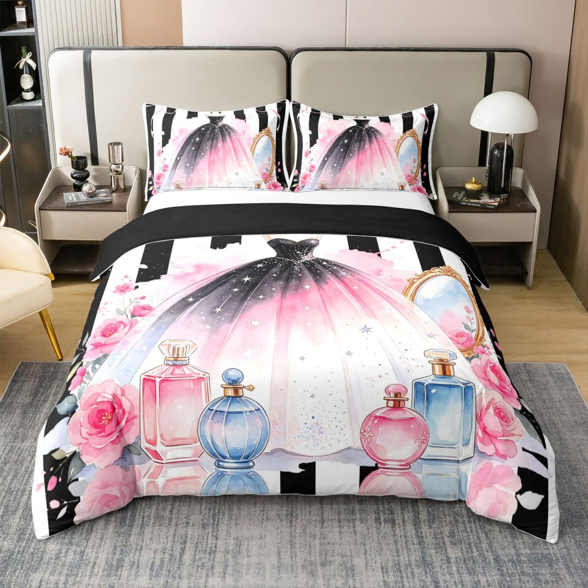 Loussiesd Sukienka poszewka na kołdrę 100% bawełna super king size czarny różowy biały poszewka na kołdrę dla chłopców dziewcząt perfumy zestaw pościeli 3 szt. buty na wysokim obcasie dekoracja pokoju