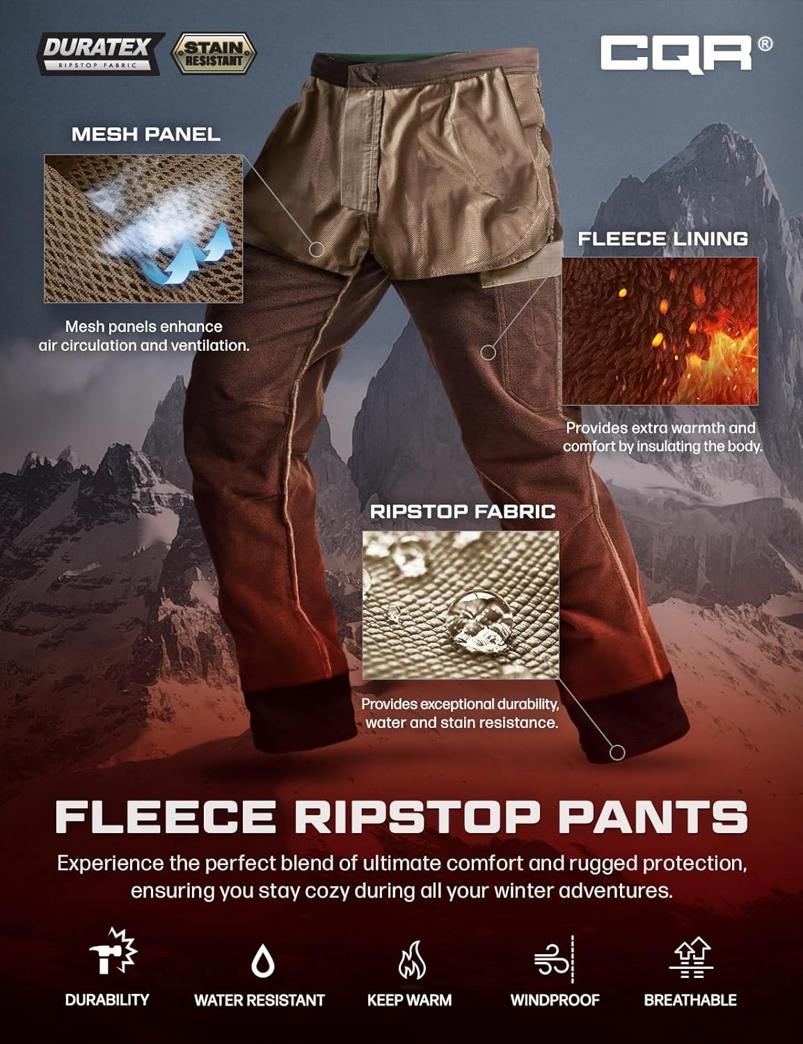 CQR Men's Winter Tactical Cargo Pants, Thermal Fleece Lined Outdoor Snow Ski Hiking Work - Image 5