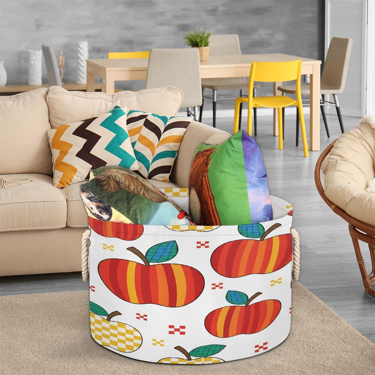 Large Storage Baskets - Retro Apples Checkered Nursery Round Collapsible Organizer Bin Box, Laundry Hamper for Kids Toys, Blanket, Bedroom Living Room Home Decor, Gift Basket, 19.4"x13.3"