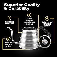 Vista 4 de Bean Envy Hervidor de café vertido – 40 onzas, acero inoxidable, cuello de cisne, cafetera y tetera con termómetro y mango ergonómico