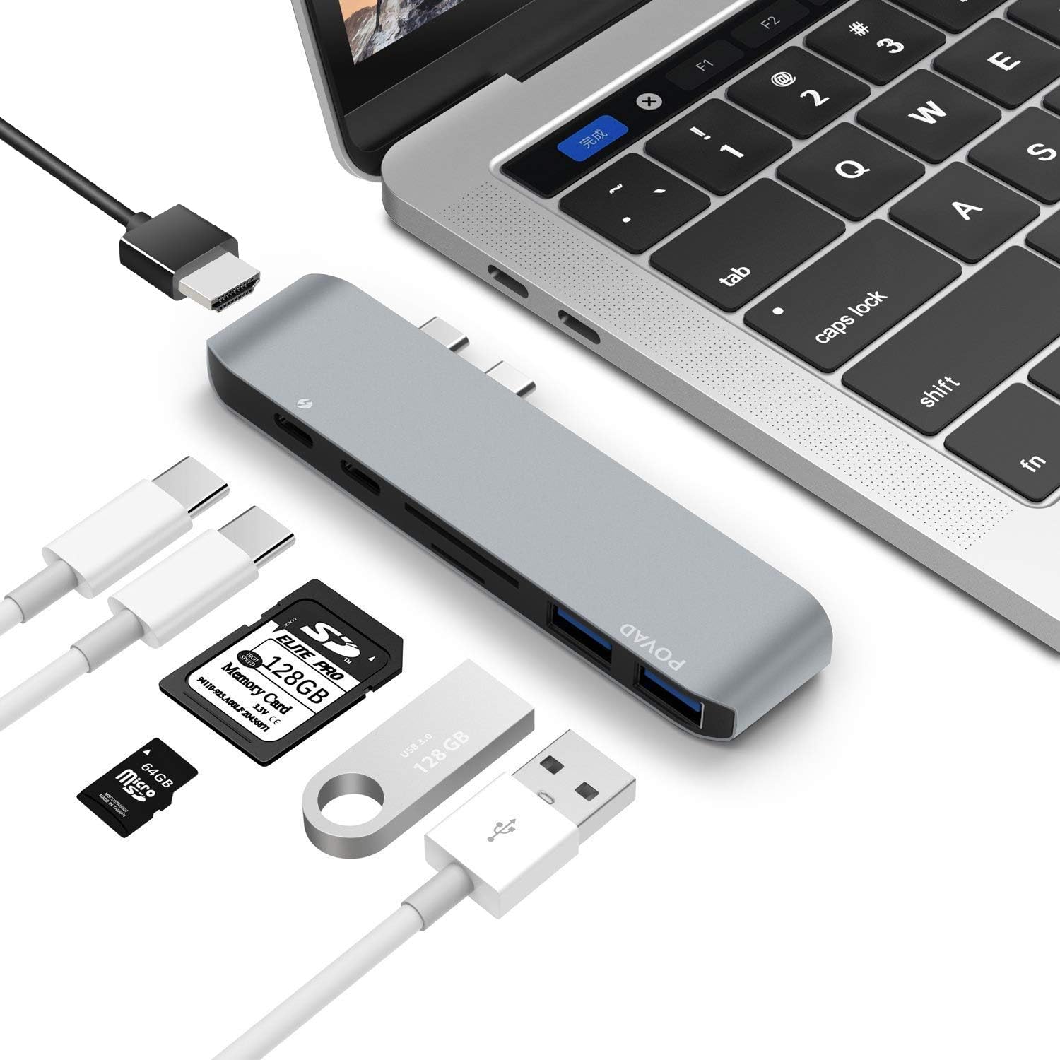 POVAD USB Type-C Hub Adapter Compatible with MacBook Pro 2018/2017/2016, 7 in 1: USB-C 100W Power Delivery, USBC 5Gbps Data, 4K HDMI, microSD/SD Card Reader, 2xUSB 3.0 Ports (Gray)
