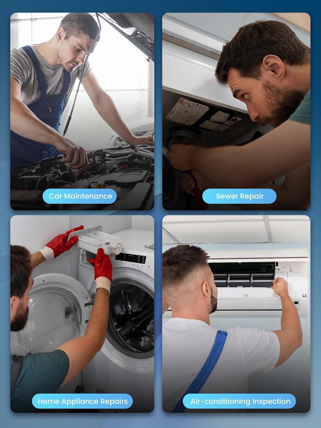 Four images showing various applications of the endoscope camera: car maintenance, sewer repair, home appliance repairs, and air-conditioning inspection.