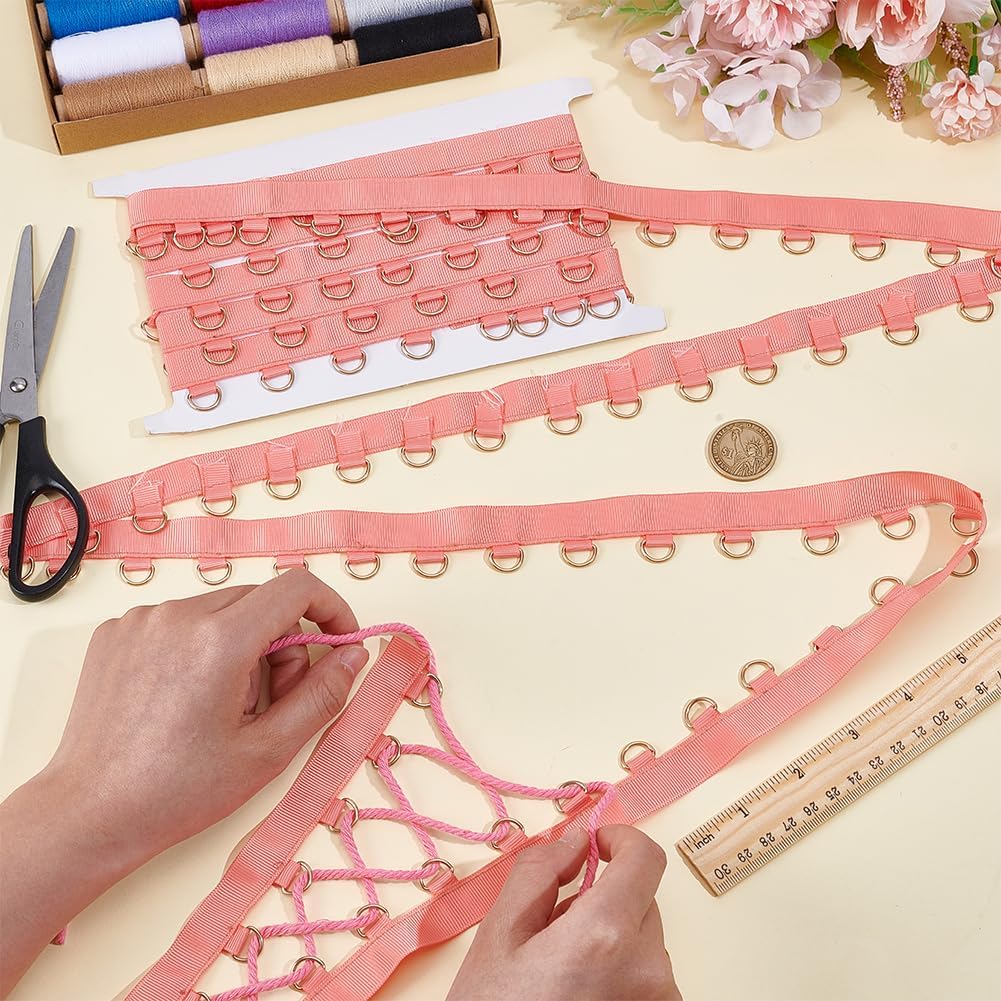 BENECREAT 5 Yards Light Coral Grommet Trim with Gold D Rings, 1 Inch Polyester Grommet Eyelet Twill Tape Trim Metal Eyelet Ring Ribbon Strip for Sewing Crafts Making