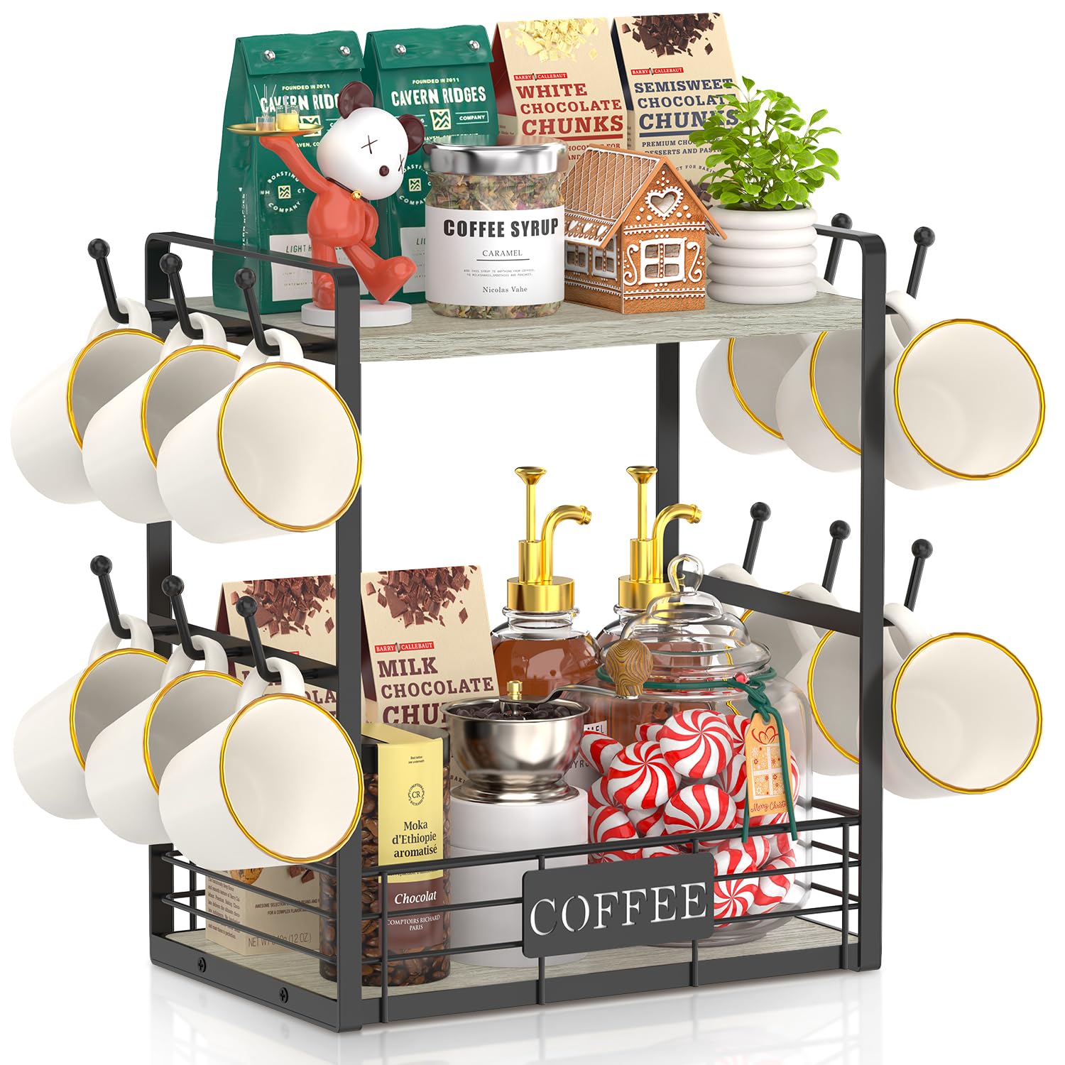 Kaffee-Station Organizer Aus Holz – 2-stöckig, Mit Schublade, Holzbox & 4 Haken Für Tassen