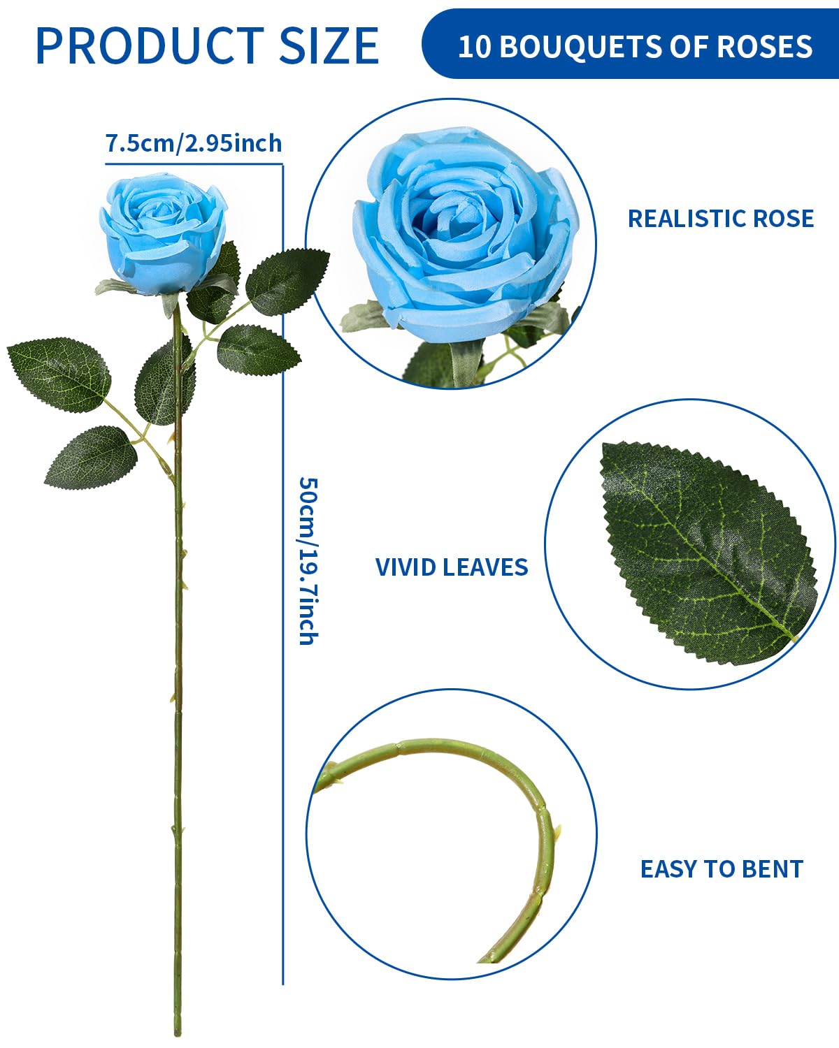 LEUCHTAMOR 10pcs Artificial Roses Blue Fake Rose Flower Realistic Faux Roses for DIY Wedding Bouquets Bridal Shower Centerpieces Floral Arrangements Party Tables Home Decorations - Image 3