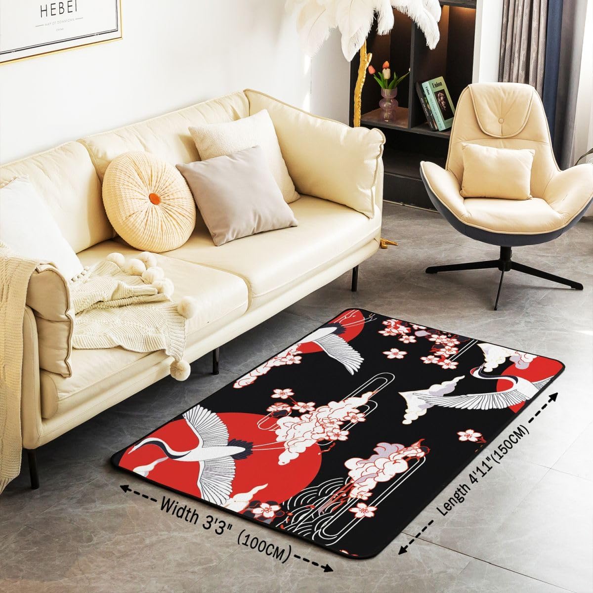 Erosebridal Crane Area Rug 5x7 Japanese Style Decorative Rug Cherry Blossoms Pattern Adult Women Girls Carpet Japanese Traditional Pattern Decor Indoor Floor Mat for Bedroom Living Room Bedside