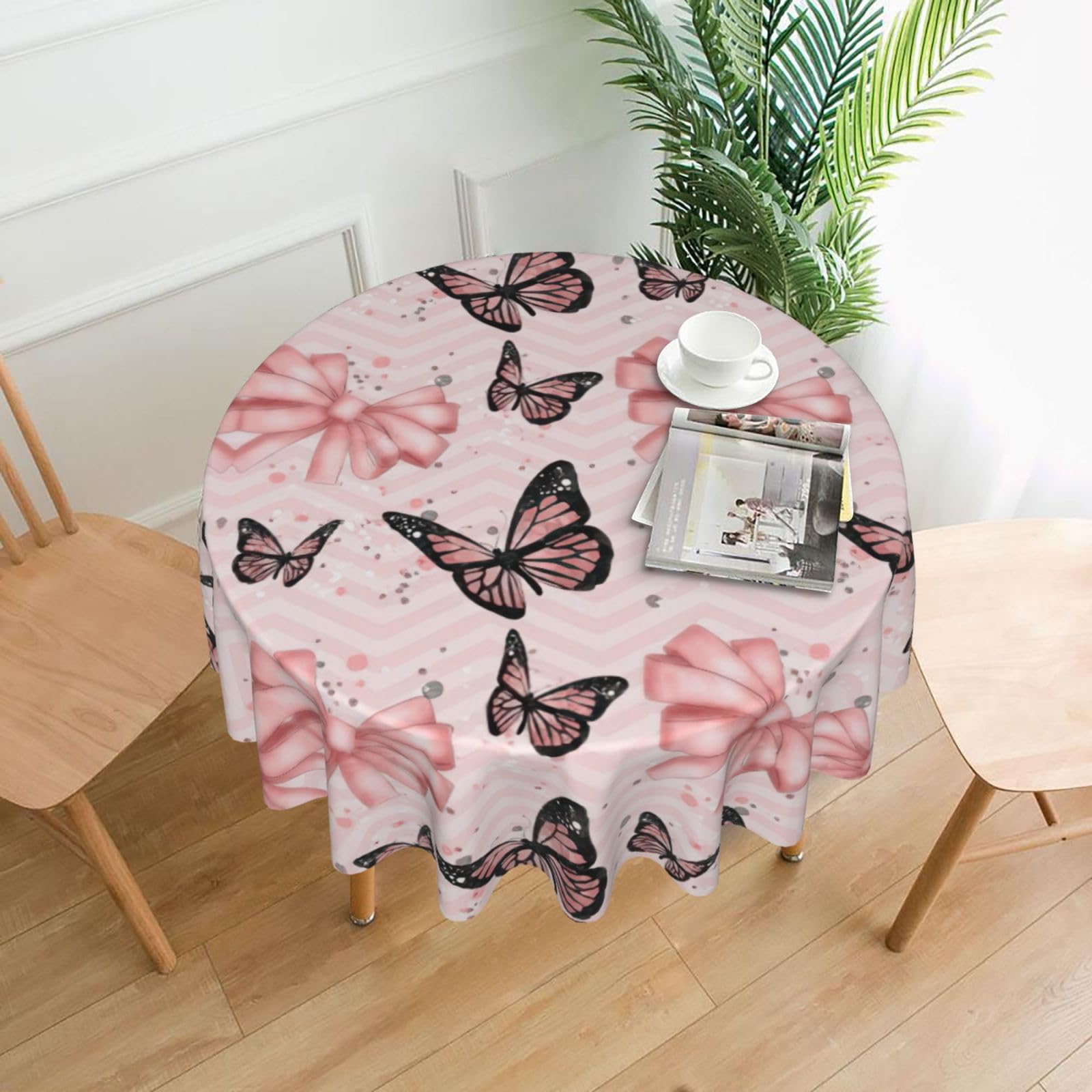 Zcmkjlg Butterfly Pink Print Quick Ship Round Tablecloth 60in Polyester Washable Cover for Dining Room