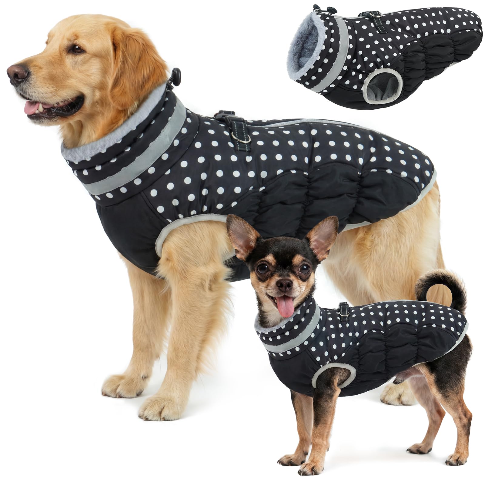 OUOBOB Warm Dog Jackets for Small Dogs, Waterproof Dog Coat with Harness Built in, Zipper Clousure, Fleece Lining for Cold Weather, Small Pet Winter Clothes for Shih Tzu, Yorkshire, Bichon - S