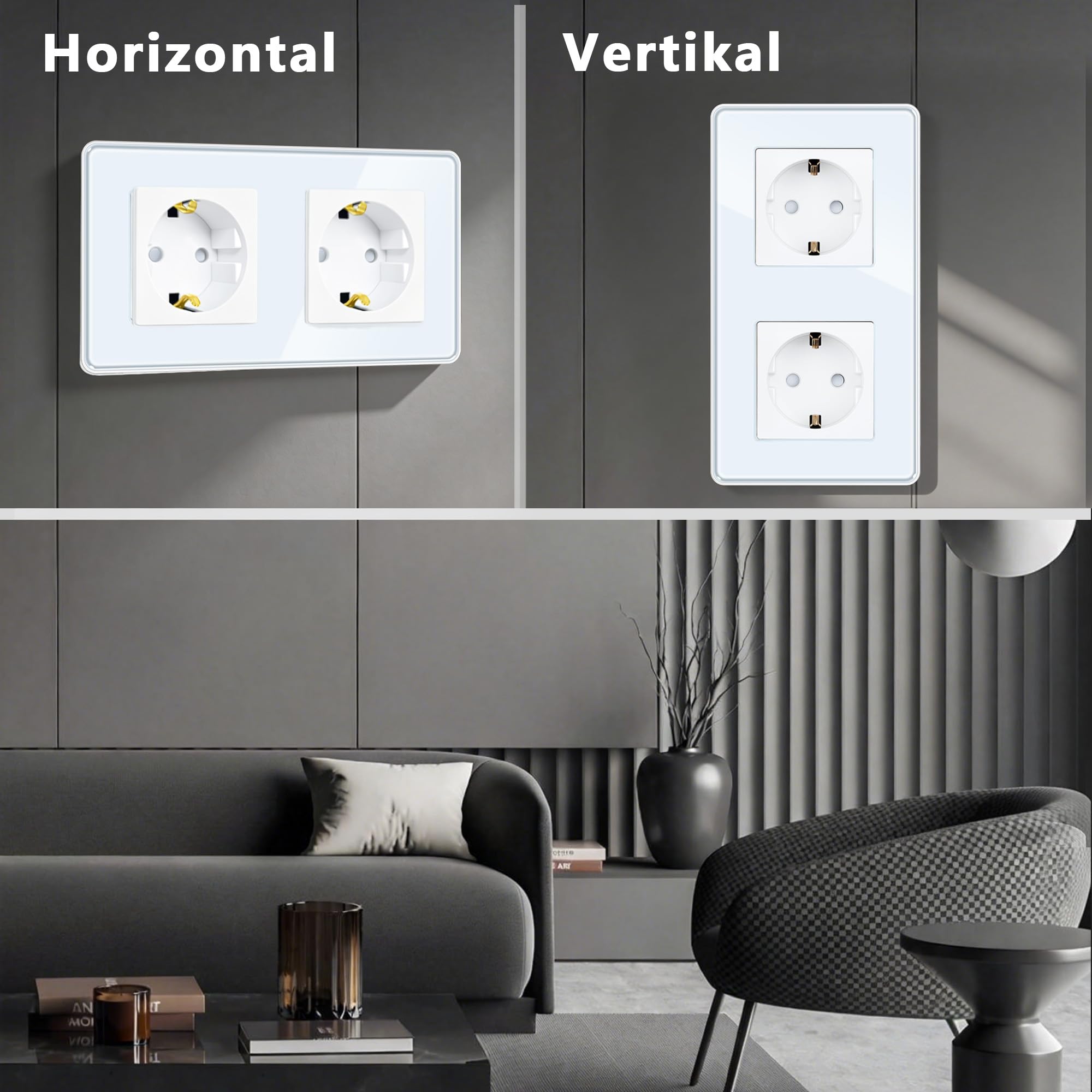 TAWOIA Lot de 6 prises Schuko encastrées à 2 compartiments standard de l'UE avec plaque en verre incurvé 2,5D, prises murales blanches 86 x 157 mm