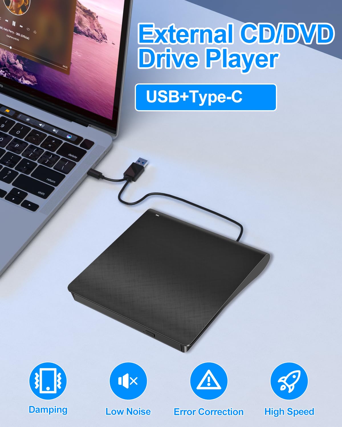 LMEN Odtwarzacz Zewnętrzny DVD CD USB Napęd CD DVD Drive z USB 3.0 I Type-C, Przenośny Czytnik Player CD DVD +/- R/RW/ROM do Komputera Laptopa/Windows 11/10/8/7/Vista/XP/Mac OS/Vista/Linux, Czarna