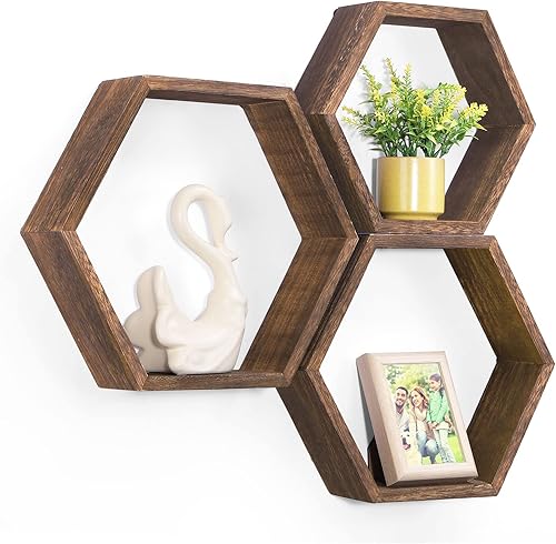 Estantes hexagonales negros flotantes de panal, juego de 3 estantes de almacenamiento de pared para dormitorio, estantes flotantes para decoración