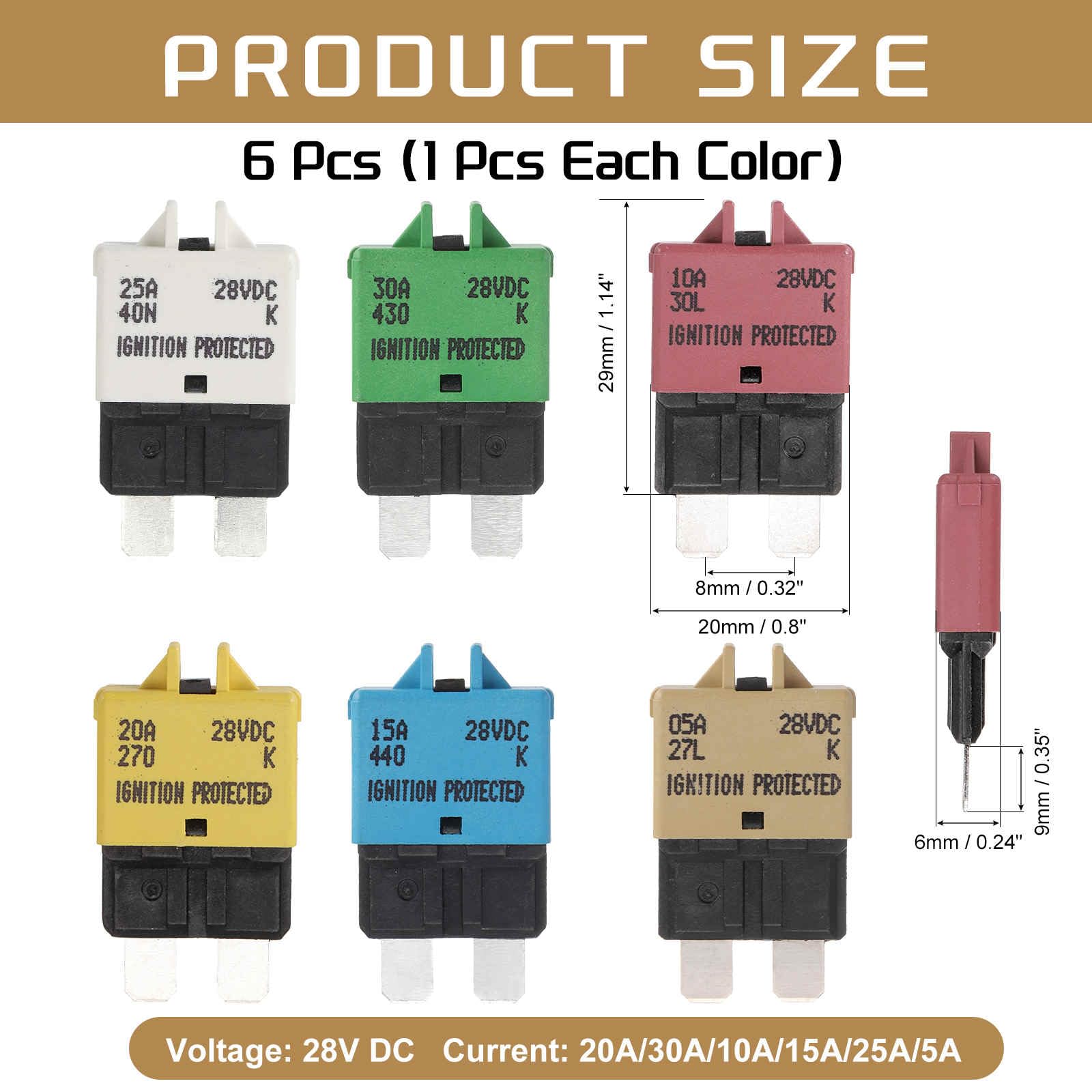 DMiotech Kit de 6 fusibles mini rearmables manuales multicolor ATC/ATO de 28 V CC y 5 A, 10 A, 15 A, 20 A, 25 A y 30 A para disyuntores de automóviles, camiones, SUV, embarcaciones ys.