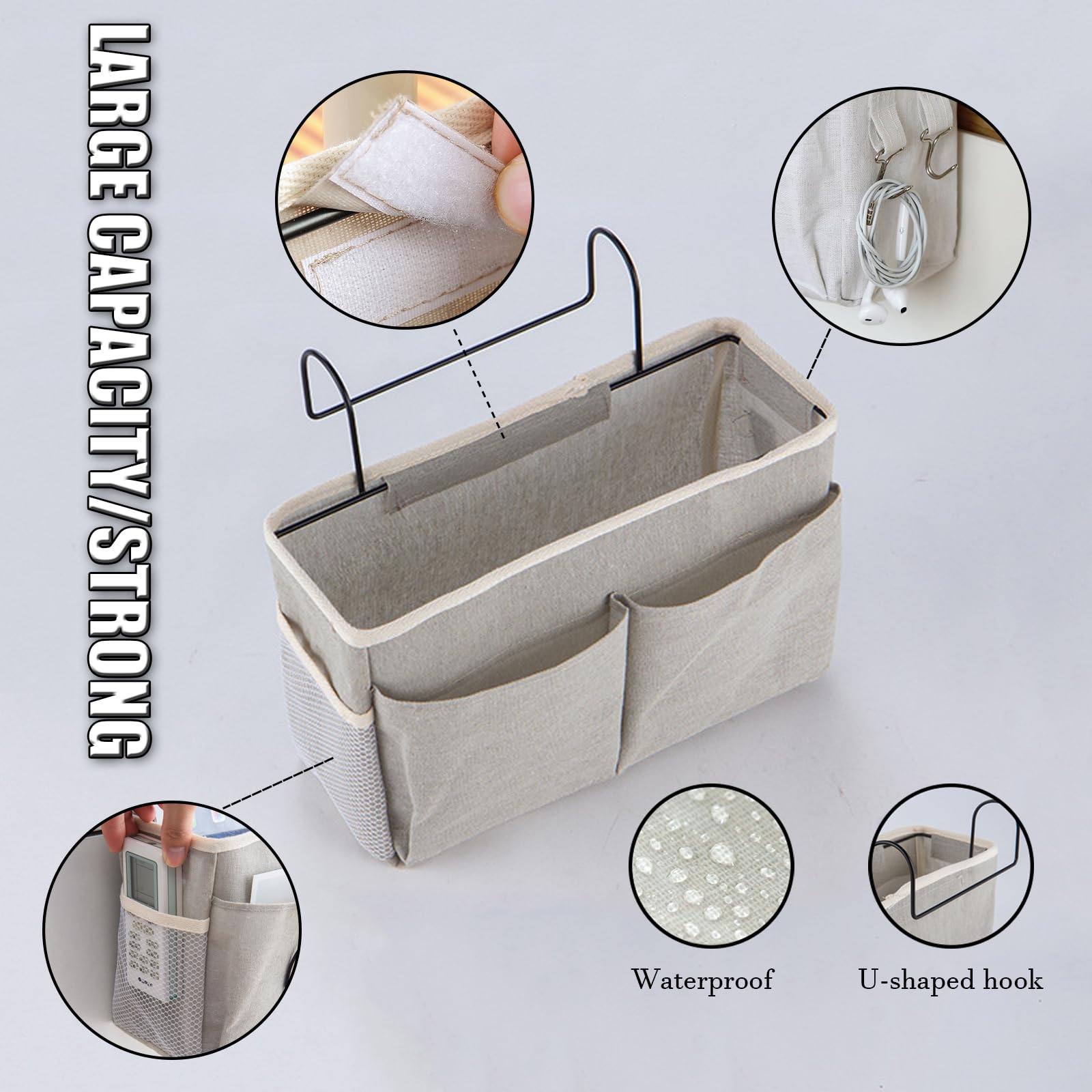 Organisateur De Chevet Suspendu - Grande Capacité Gris - Poches Lit Superposé Mezzanine Bébé - Rangement Pratique Coton Lin
