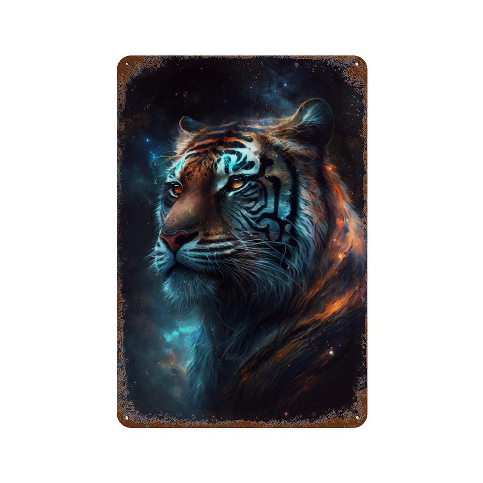 Galactic Tiger Portrait -13 11.8"x7.9" Distressed Metal Wall Sign, Shabby Chic Decor for Shed, Workshop And Garage Wall Decor