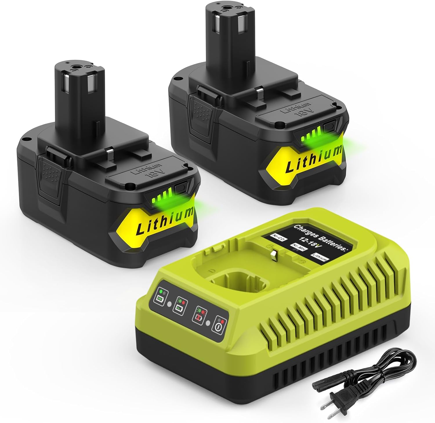 2Pack 6500mAh Replacement for Ryobi 18V Battery and Charger, Compatible with Ryobi 18V One+ P102 P103 P104 P105 P106 P107 Cordless Tools