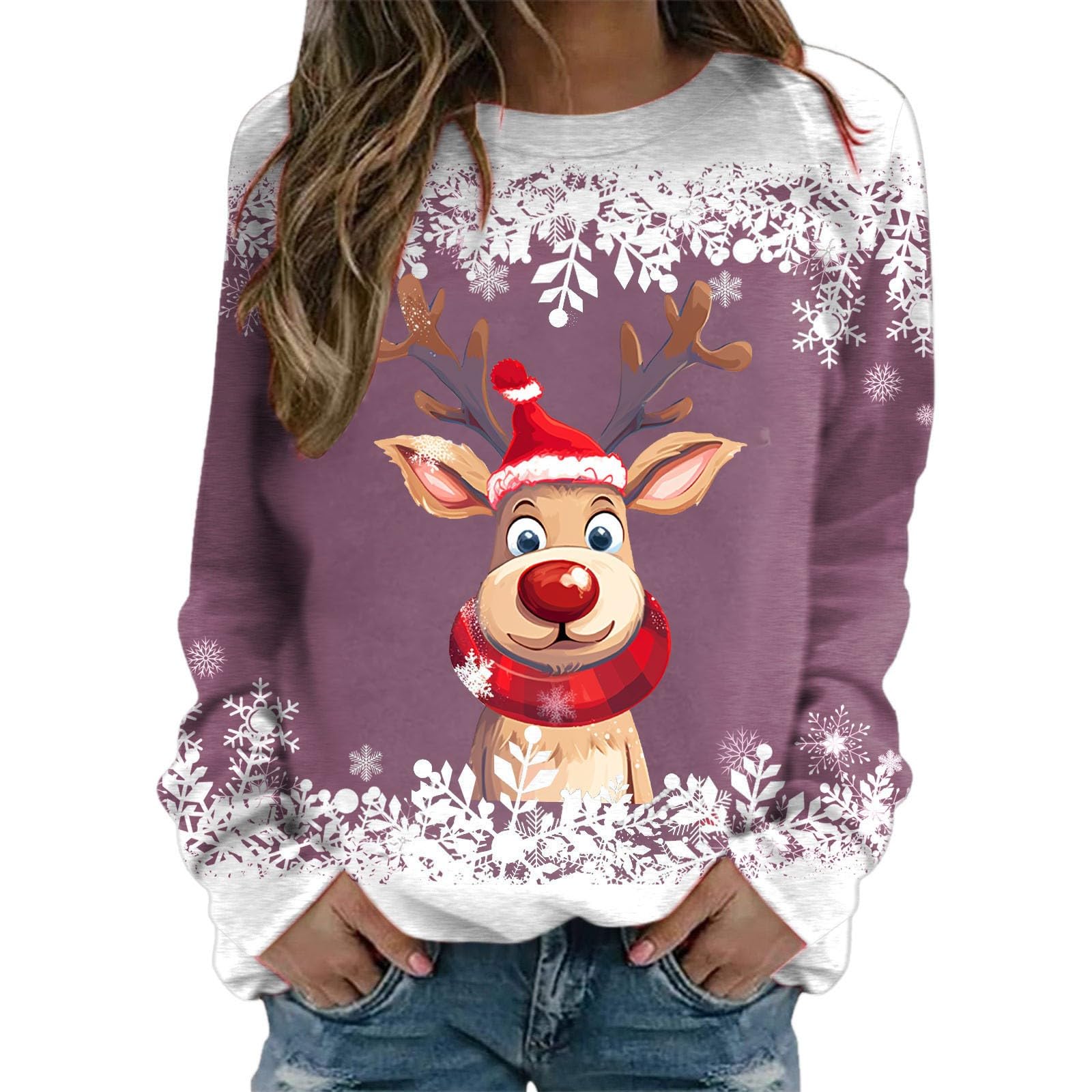 JMEDIC Womens Long Sleeve Christmas Teen Girls Long Sleeve Crewneck Sweatshirt Cute Reindeer Graphic Xmas Shirts Knit Tunic Tops Women Big And Tall Athletic Fleece Hoodie