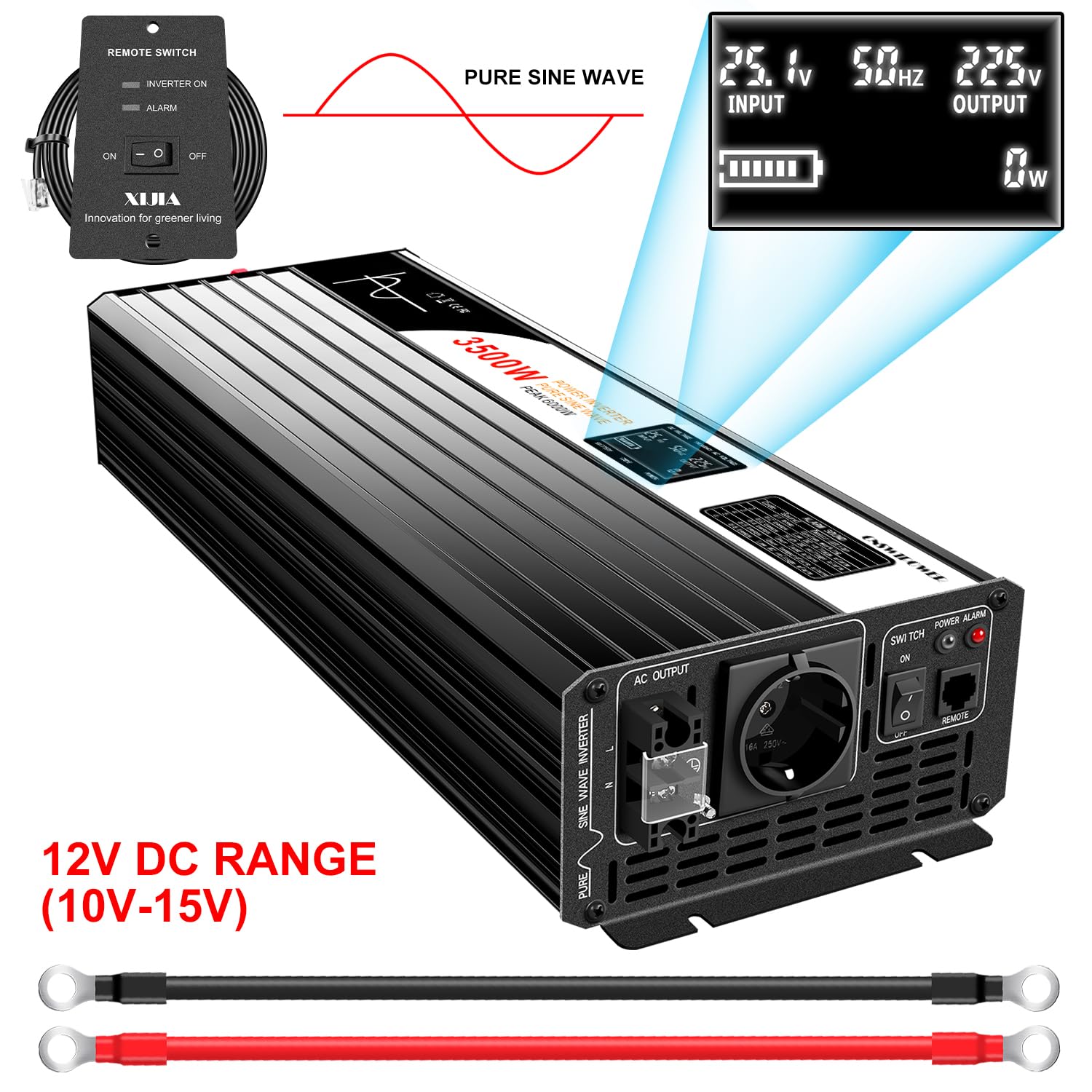 3500W Wechselrichter 12V auf 230V Reiner Sinus, Spannungswandler mit LCD-Display & Fernbedienung, Inverter für Wohnmobil, Camping, Solaranlage, Auto - Spitzenleistung 7000W