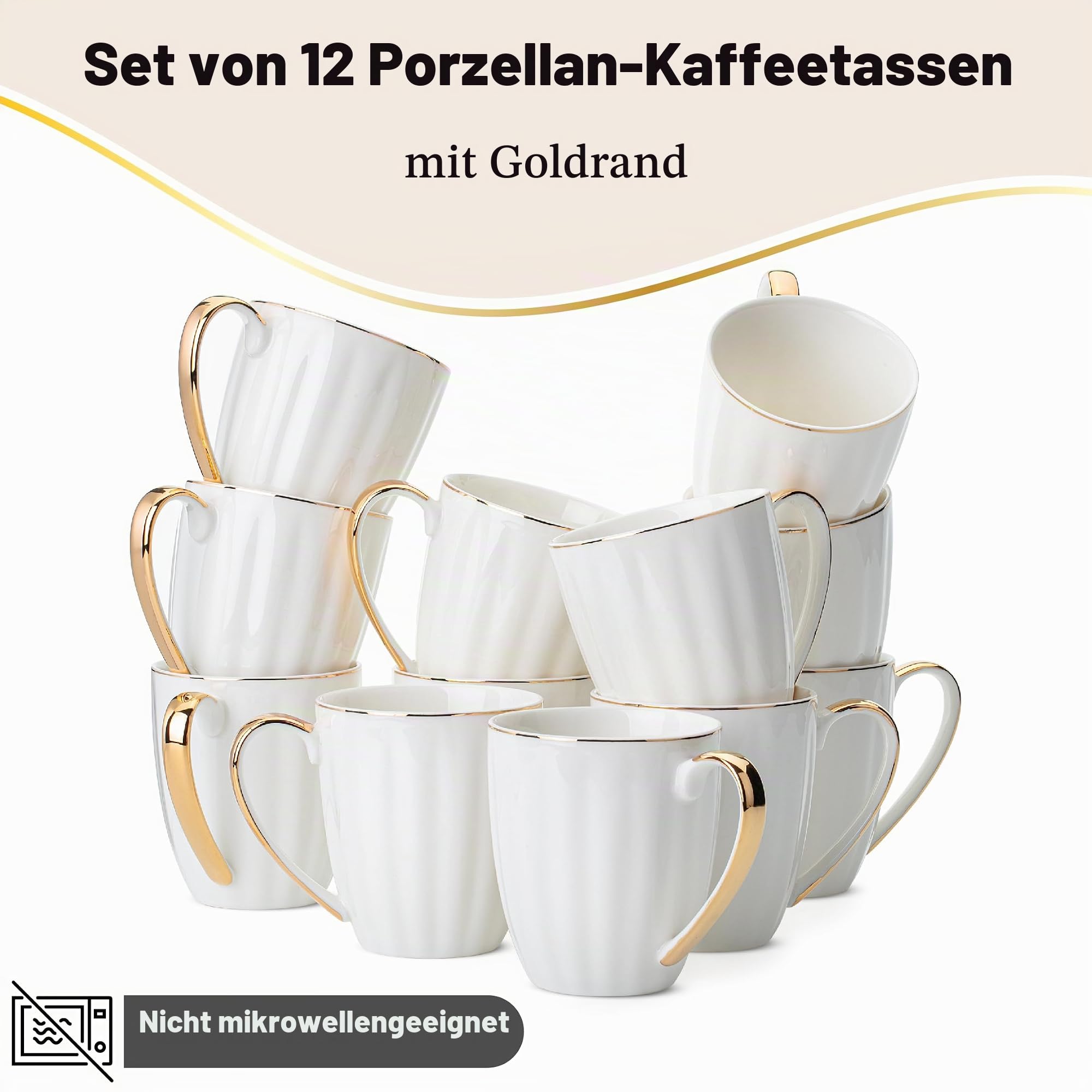 BTaT- Weiße Kaffeetassen mit Goldrand, 340 ml, Porzellan-Kaffeetassen für Kaffeetassen, 12 Stück Küche, Haushalt & Wohnen