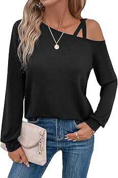 COZYEASE Women's Cut Out Asymmetric Neck Cold Shoulder Tees