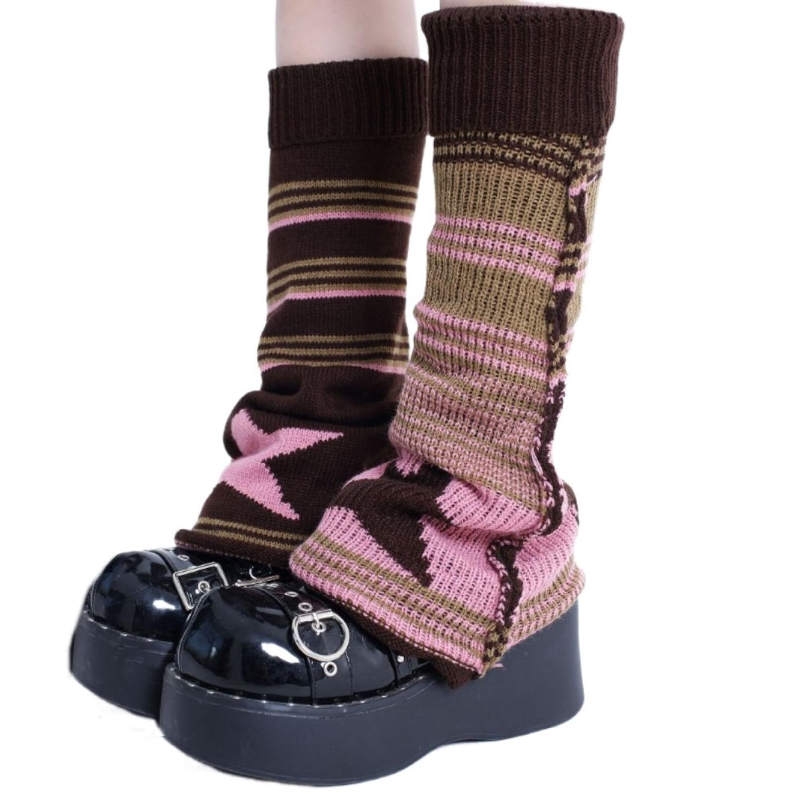 Harajuku Leg Warmers Y2k Two Side Wear Kawaii Lolita Socks Star Knitted Striped Goth Leg Warmers Streetwear