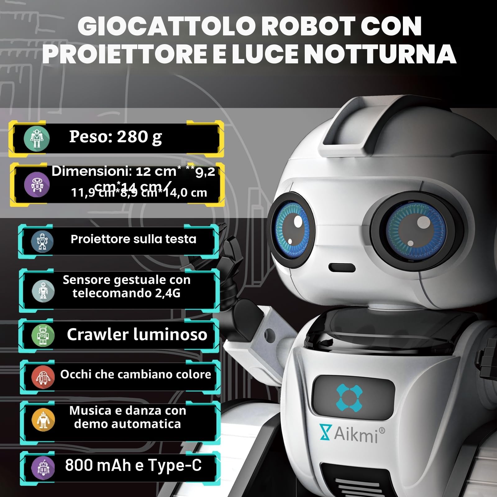 Aikmi Robot Giocattolo Bambini, Robot Telecomandato per Bambini con Proiettore Stelle Soffitto Bambini Luce Notturna, Sensore di Gesti, Musica, Regalo Bambino 6 Anni Giocattoli Bambino