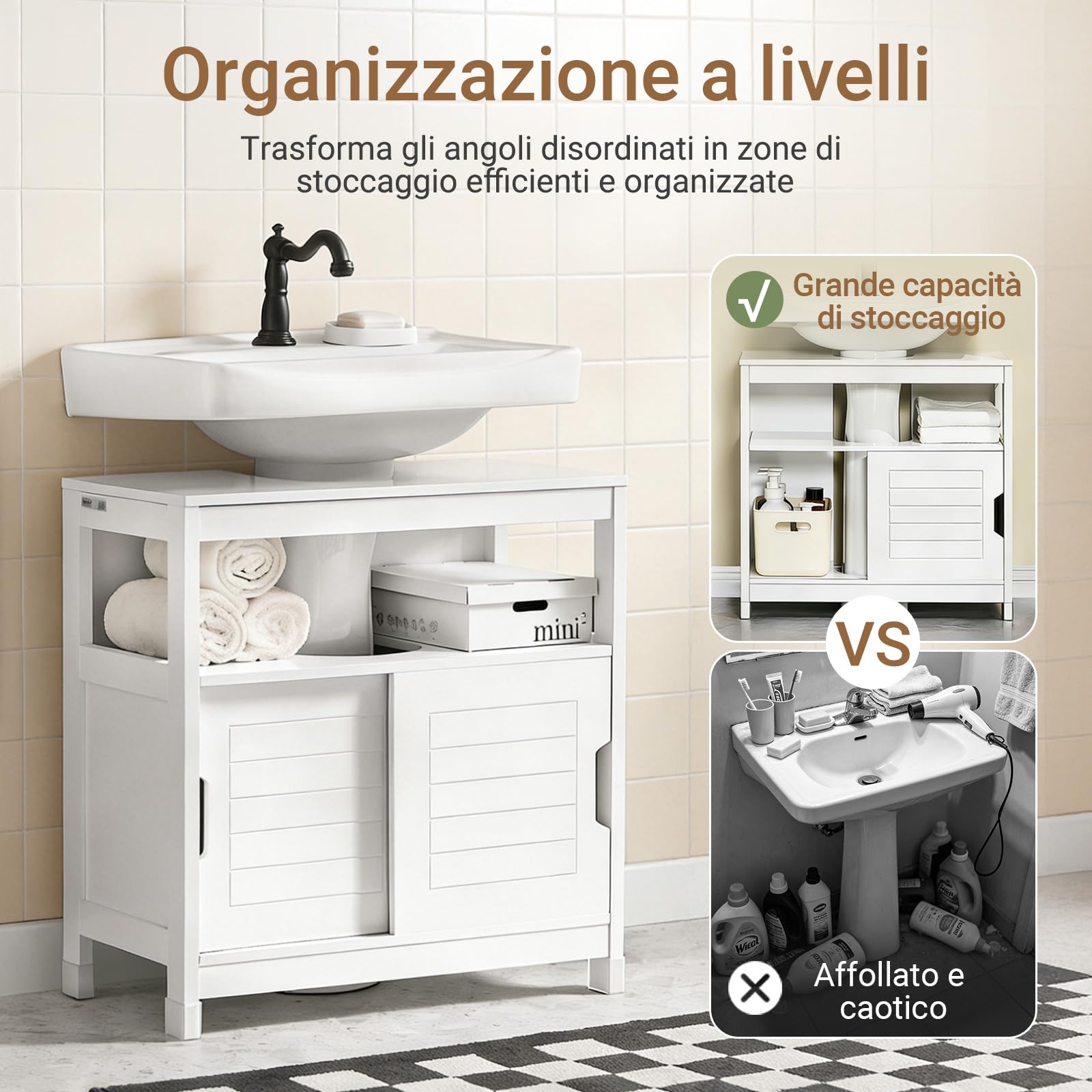 SoBuy Mobiletto Bagno Salvaspazio - Armadio Salvaspazio 2 Ante Scorrevoli e Ripiano Aperto - Mobile Sottolavabo per Bagno Moderno Piccolo – Bianco, 60x30x60cm, FRG128-II-W
