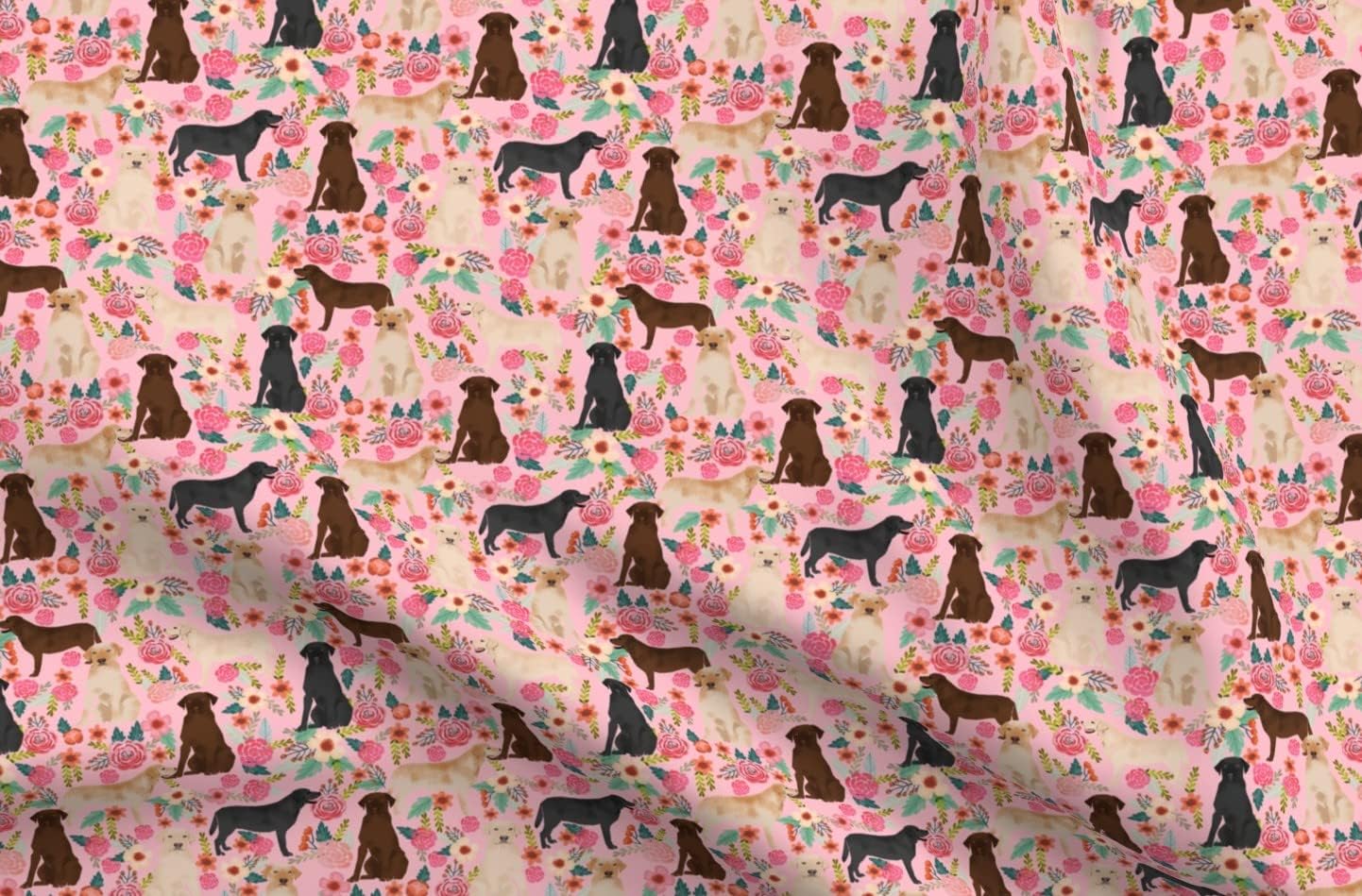 Spoonflower Fabric - Labrador Pink Florals Cute Dogs Yellow Lab Golden Black Chocolate Printed on Organic Cotton Sateen Fabric by The Yard - Sewing Quilting Apparel Home Decor