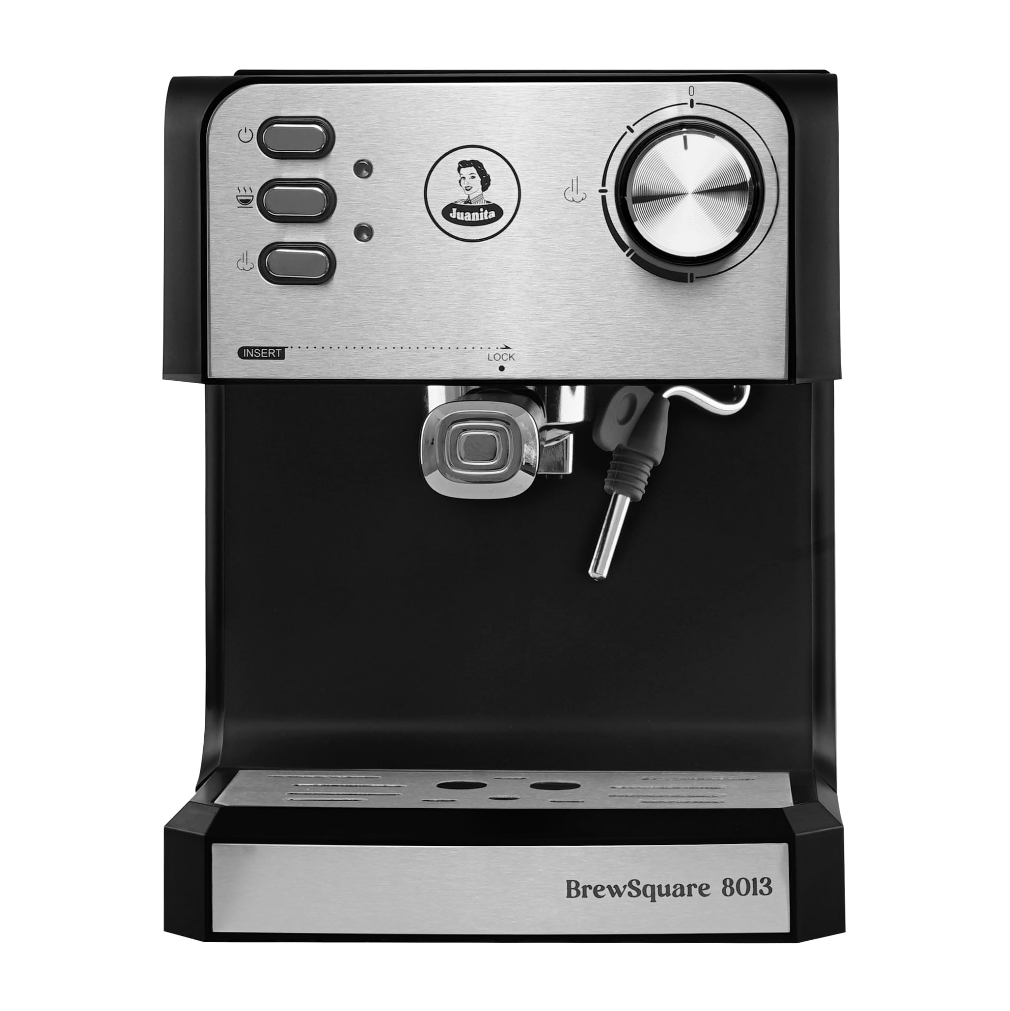 Juanita Brewsquare Macchina Caffè 850W, Macchina Caffe Cialde 20Bar, Coffe Machine 1.6L, Doppia Uscita, Braccio Vaporizzato, Macchinetta Caffe Inox per Espresso e Capuccino, Include Accessori