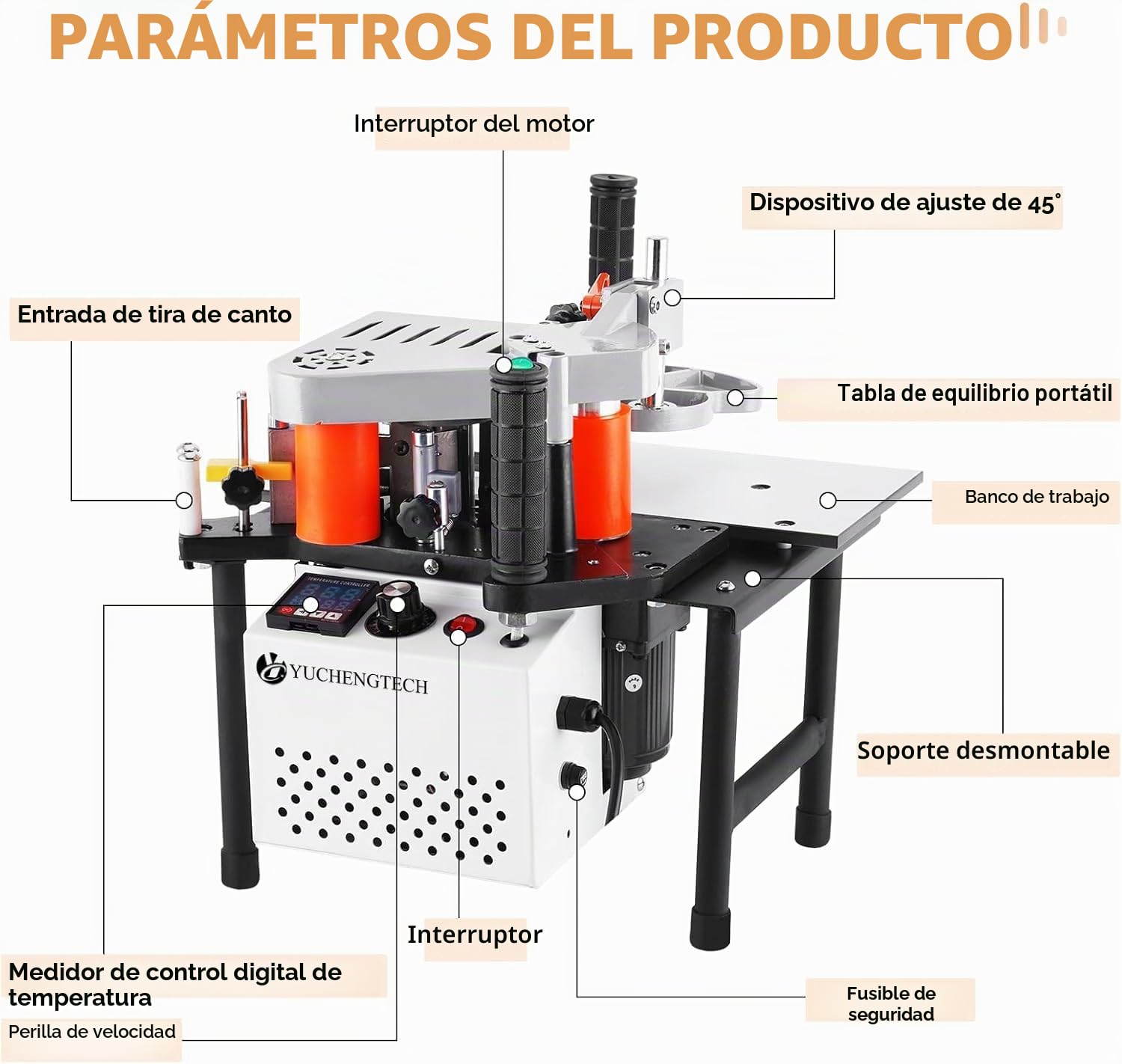 YUCHENGTECH Encoladora de Cantos Portátil Encoladora de Cantos para Madera con Control de Velocidad 2-6m/min Encolado de doble cara Ancho 10-60mm Espesor 0.3-3mm para Madera Contrachapada/PVC/ABS