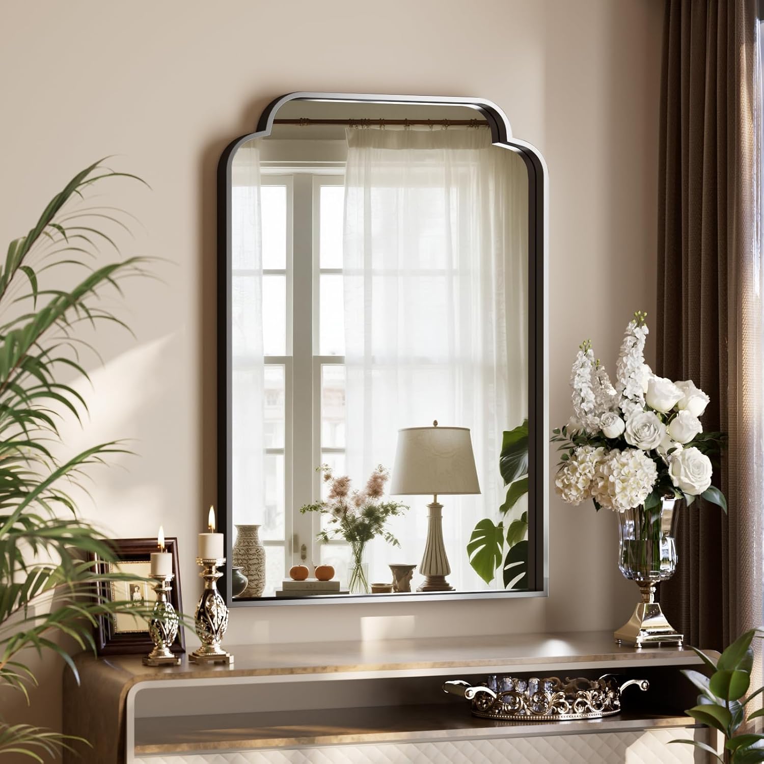 GLSLAND 20"x30" Petal Arch Bathroom Mirror – Modern Metal Frame Vanity Mirror with Scalloped Edge for Over Sink, Bedroom, Living Room, Entryway, Non-Rusting Decorative Wall Mirror, Black