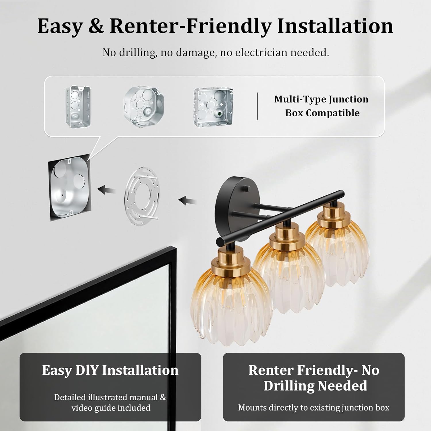 TALOYA Bathroom Vanity Light Fixtures, 3-Light Modern Black and Gold Wall Lights Over Mirror with Gradient Amber Tulip Glass Shades Bathroom Wall Lamp for Mirror, Living Room,Hallway, Farmhouse