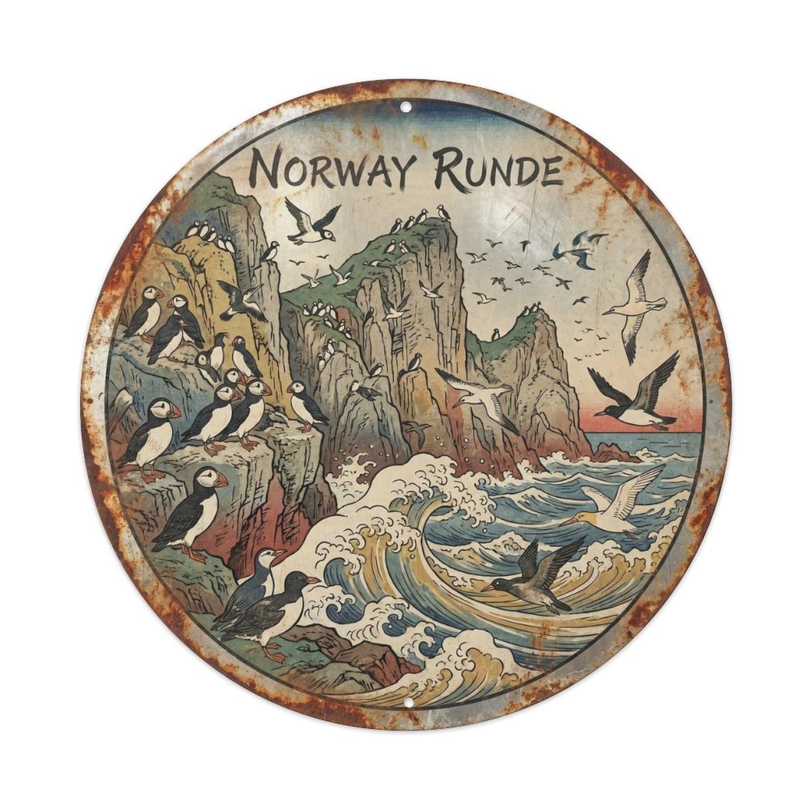 Runde Seabirds Norwegian Vintage Woodcut Nature Scenery Metal Tin Sign Plaque Wall Decor for Cafe, Man Cave, Club Bar, Office, Home Garden Round Metal Poster 8x8Inch
