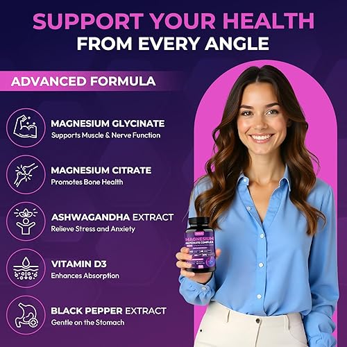Miniatura 3 de Complejo de Glicinato de Magnesio 1150mg - Cápsulas de Magnesio de Alta Absorción Suave para el Estómago con Citrato, Sílice, Ashwagandha y Vitamina