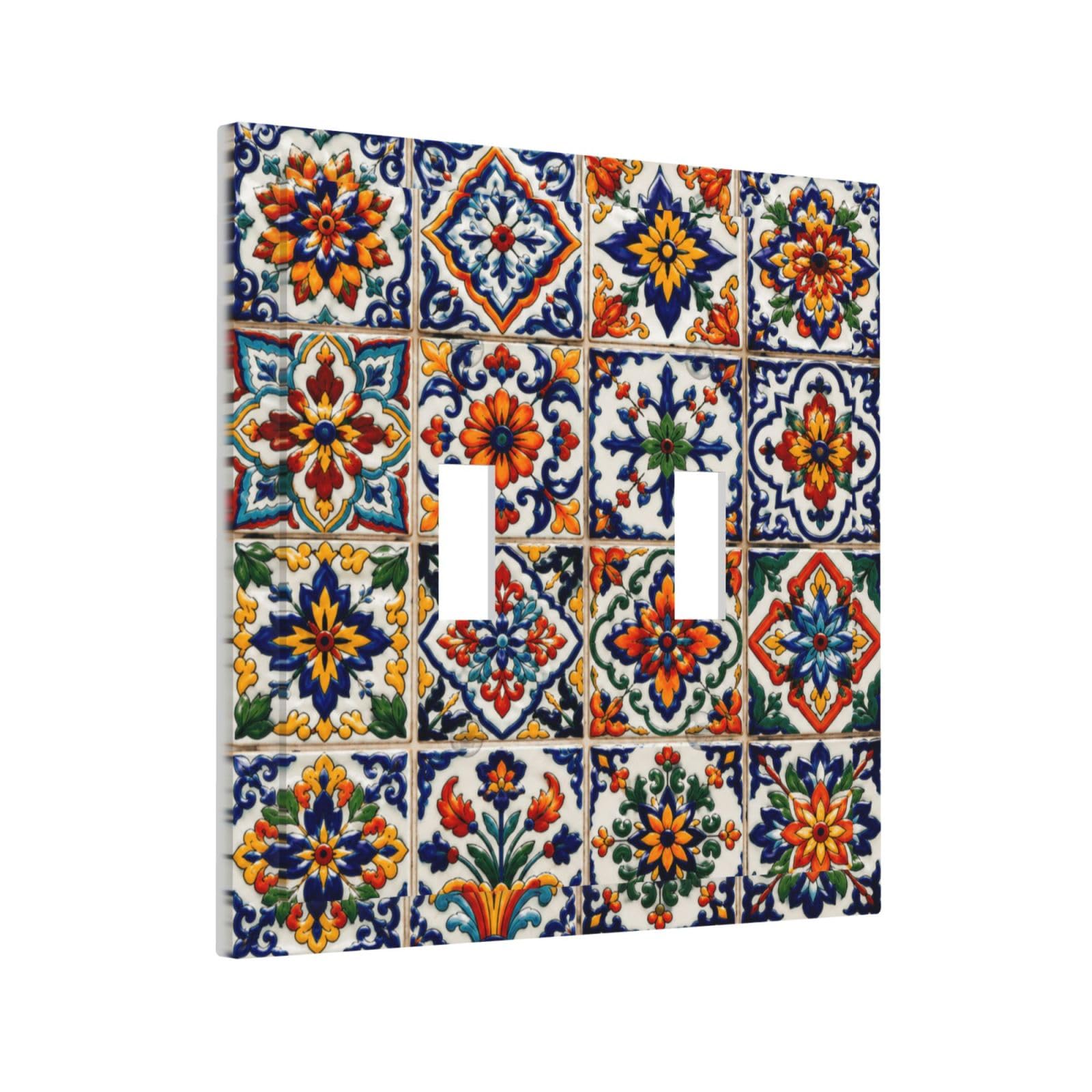 Thsanju Vintage Ceramic Talavera Outlet Covers Double Toggle Light Switch Covers Decorative Colorful Floral Geometric 2 Gang Wall Plate Dual Device Electrical Switchplate Faceplate For Home Decor