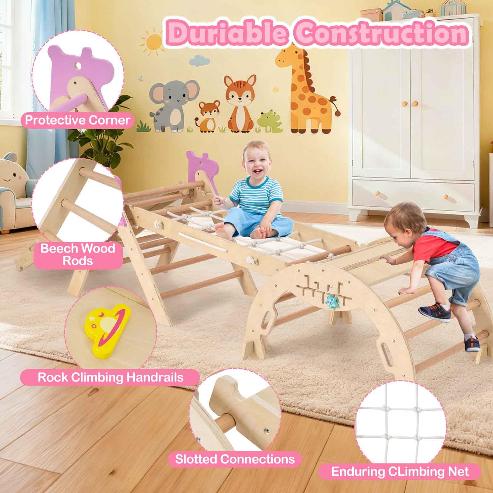 HOMASIS 4 in 1 Arrampicata per Bambini in Legno, Struttura da Scalata con Arco, Rampa, Corda e Scala, Palestra Giochi Educativa per Bambini da 3+ Anni (Naturale, Unicorno)