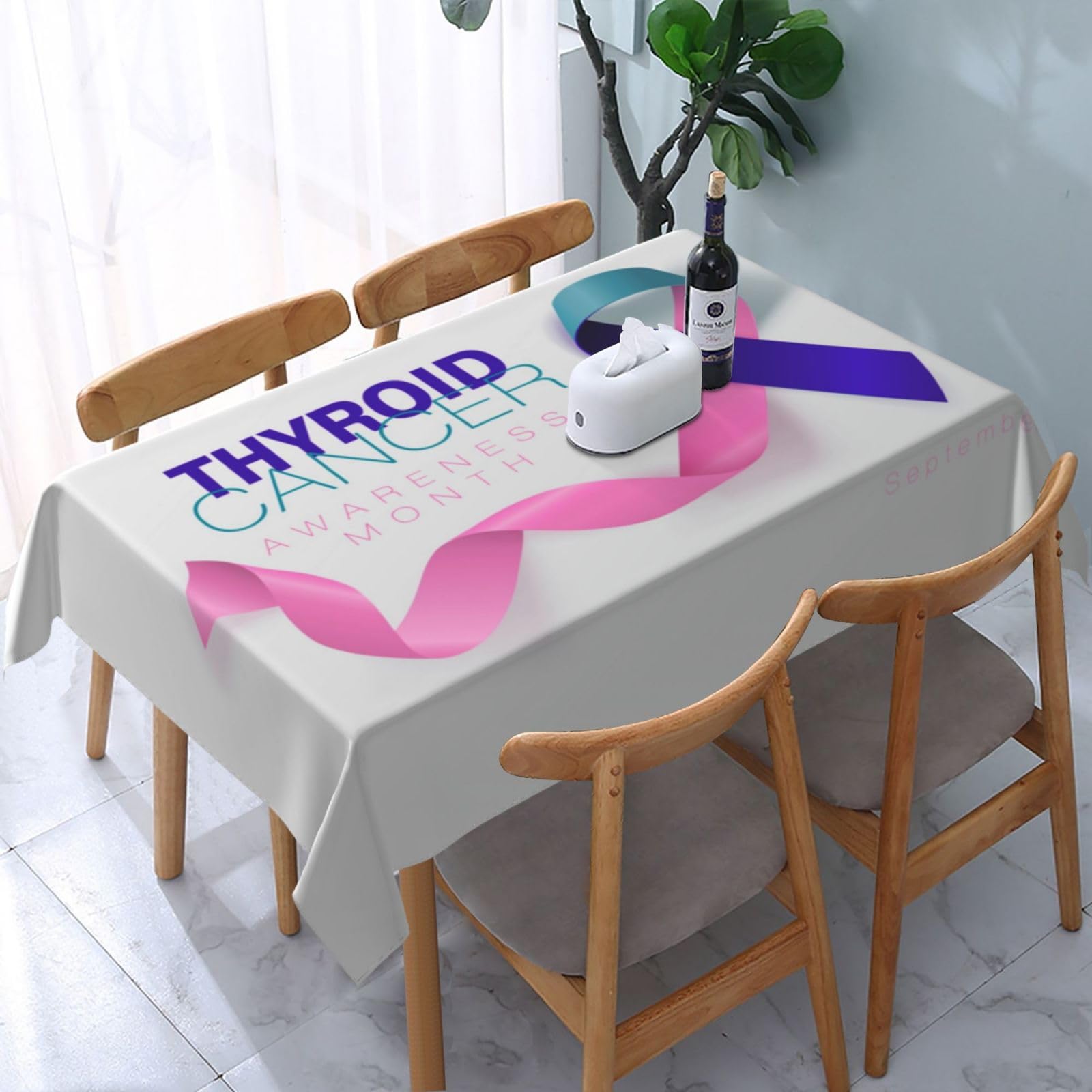 JunHeArt Thyroid Cancer Awareness Month Tablecloth Rectangle Table Cover Washable Table Cloths Decor For Kitchen 54" X 72"
