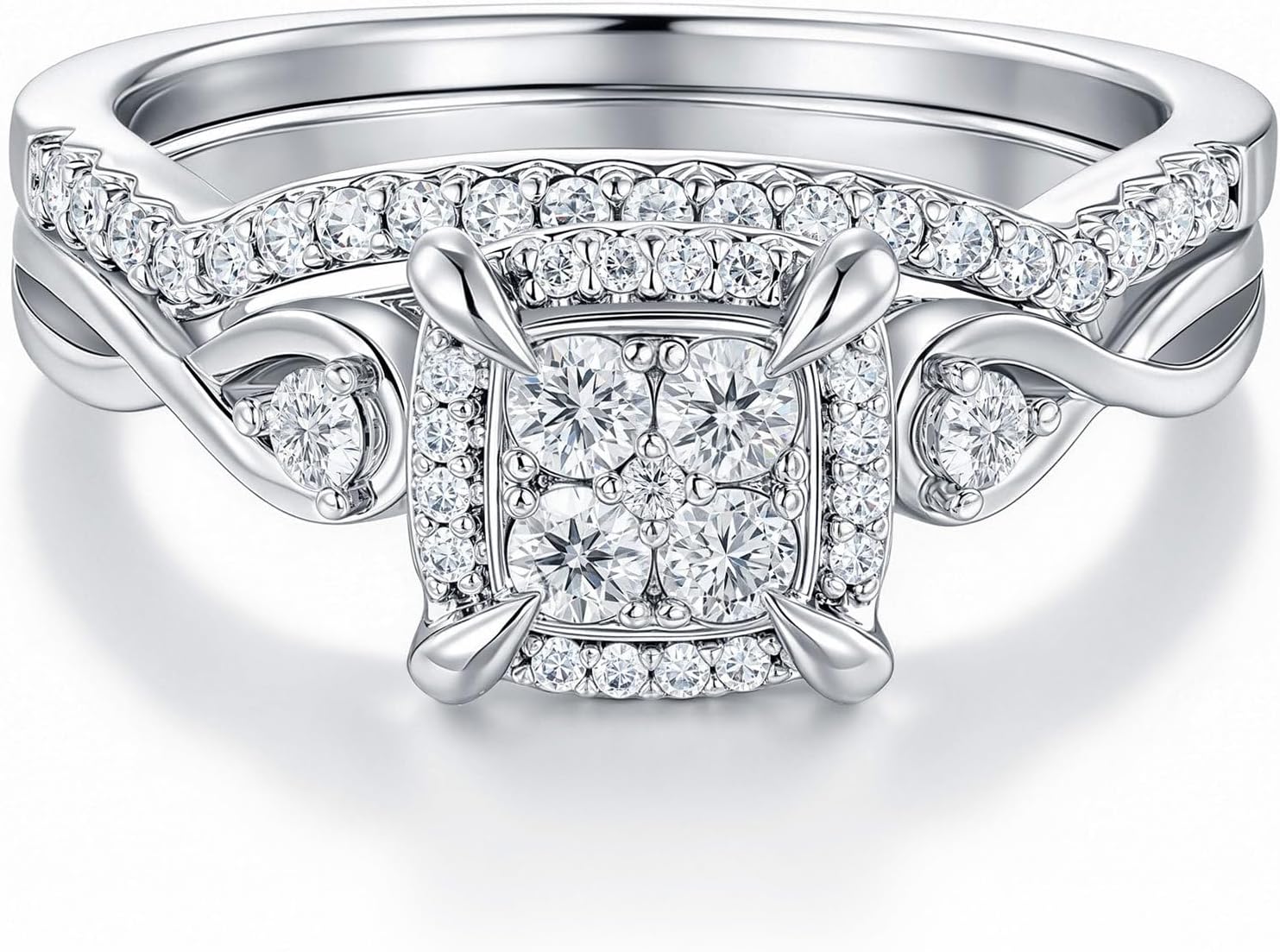 SHELOVES Moissanite Wedding Rings Bridal Set for Women Twist Shank Cluster Round Cut D Color VVS1 White Gold Plated Silver