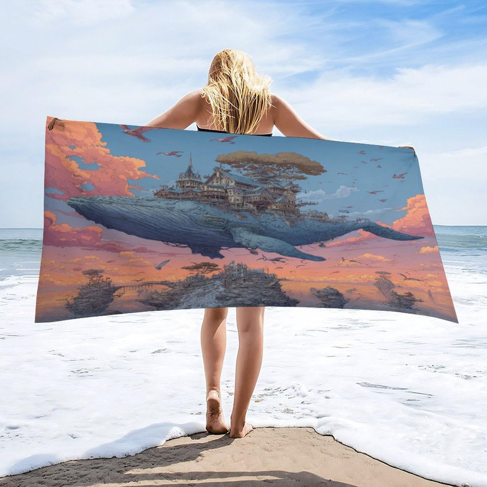 Luyysky Classic Realistic Animal Whale Quick-Drying Beach Towel, Retro Oil Painting Nautical Fairy City Sea Life Whale Bird Travel Vacation Single Sided Pile Bathroom Towels-80 W Cm X 160" L Cm