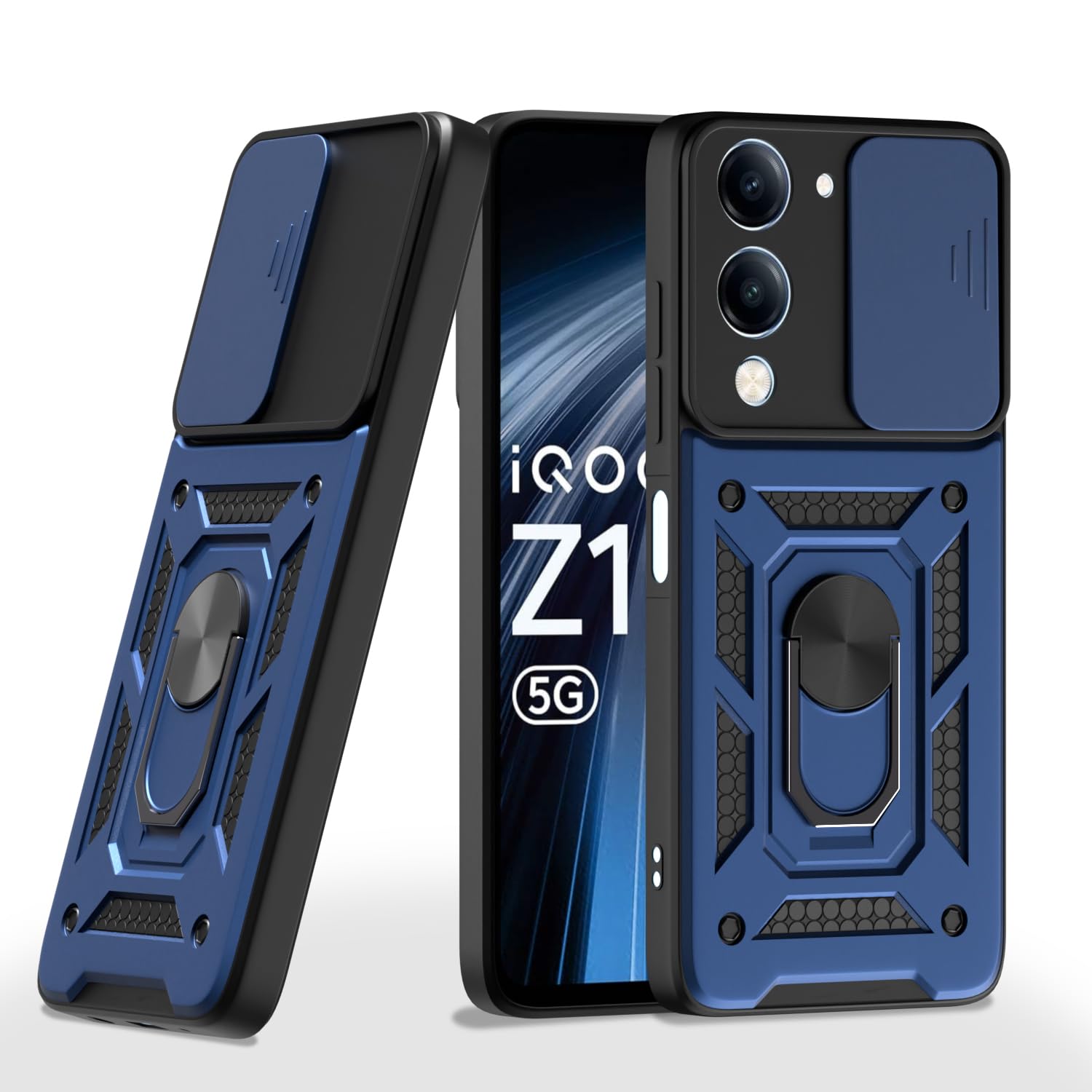 Pikkme Back Cover for iQoo Z10 lite 5G / Vivo T4 lite 5G / Y19 5G / Y19e / Y04 4G / Y29s 5G | D10 Tough Armor | Sliding Camera Shield Cover & Ring Holder Stand Bumper Case (Blue)