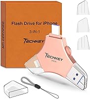Techkey 256GB MFi Certified 3-in-1 USB 3.0 Flash Drive for iPhone iPad Android PC - Pink High-Speed Photo Video Backup