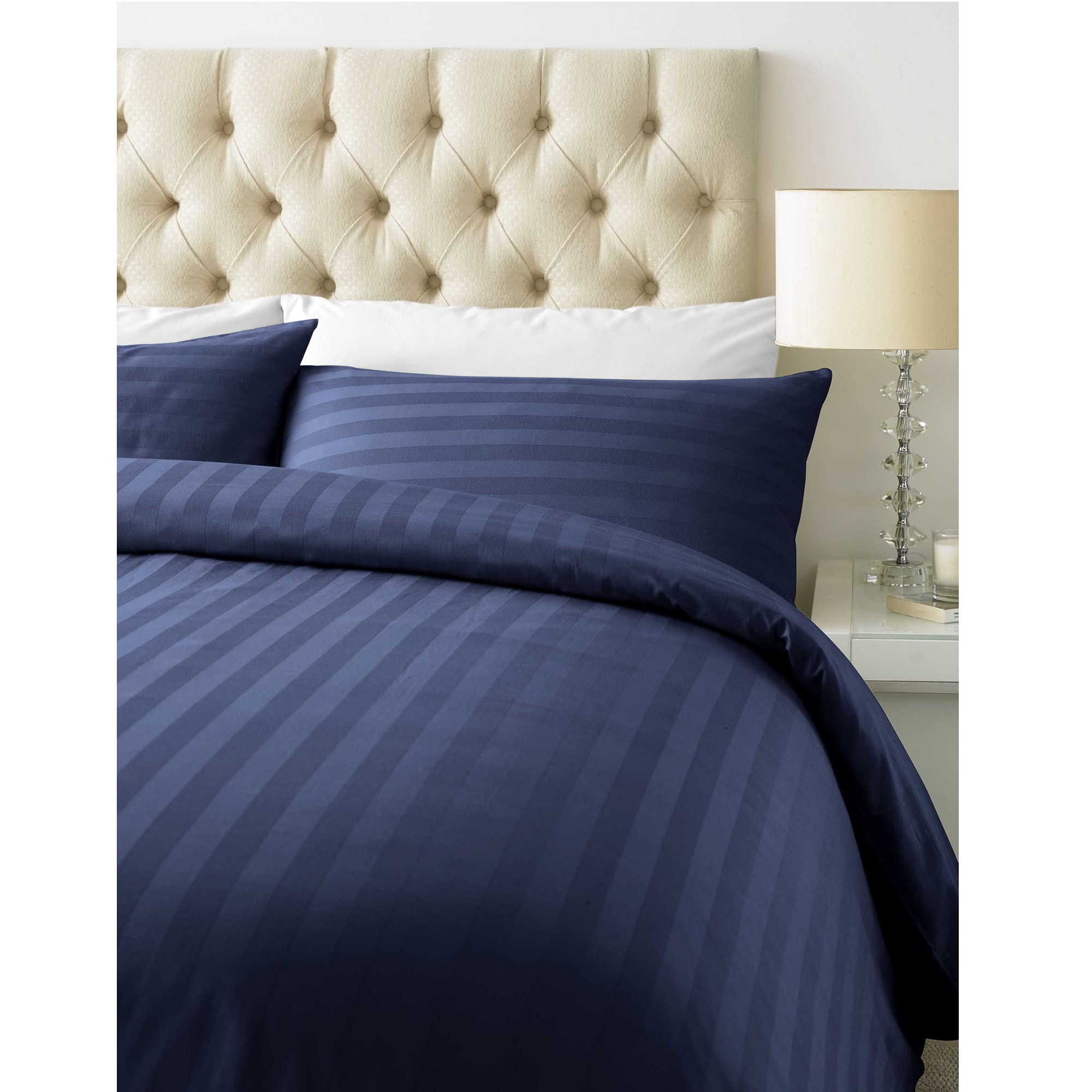 Luxurious 800 Thread Count Cotton Rich Satin Stripe Duvet Bed Cover with Housewife Pillowcases | 800 TC Hotel Striped Bedding (Super King, Navy Blue)