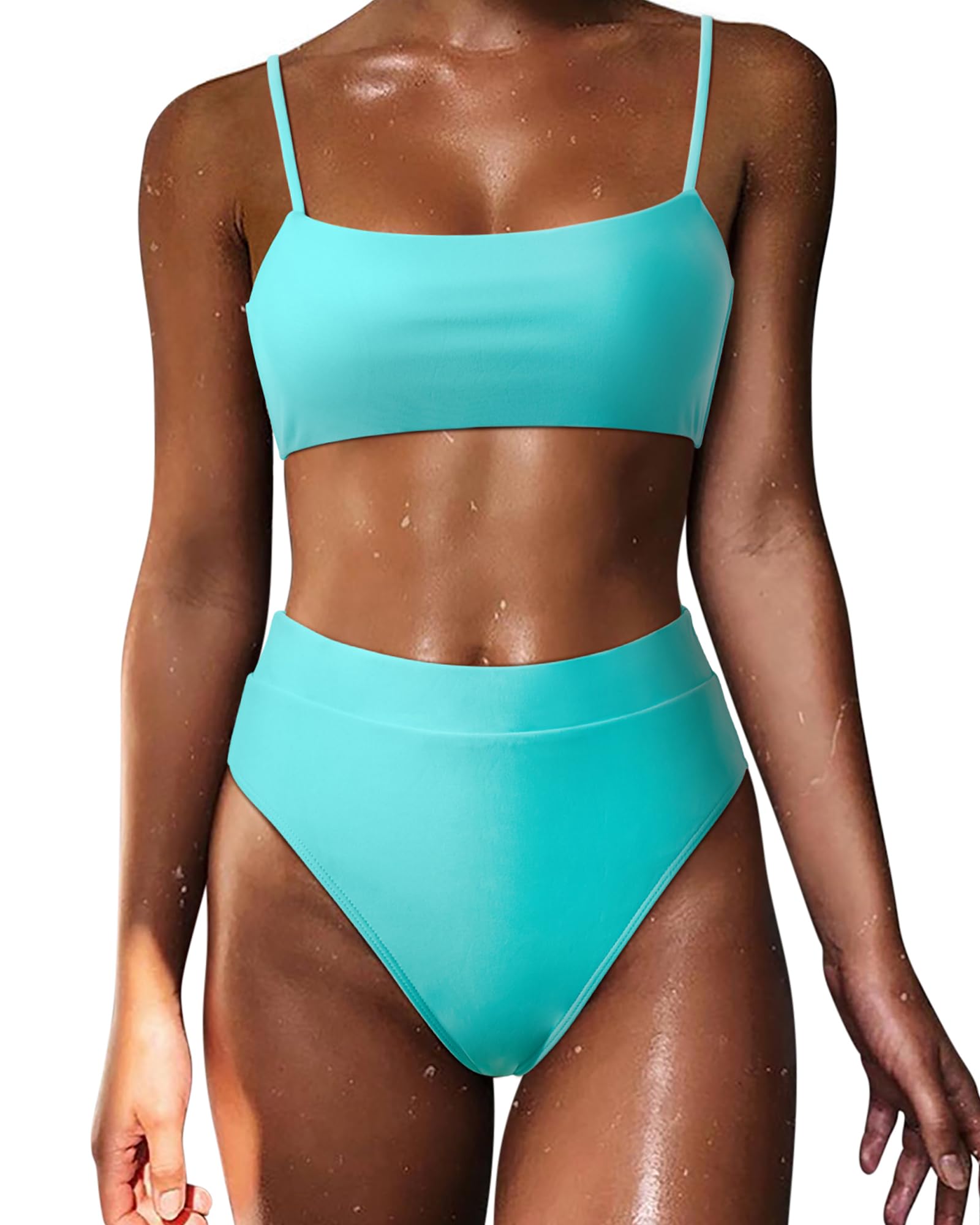 Women High Wasited Bikini Shoulder Strap 2 Piece High Cut String Swimsuits